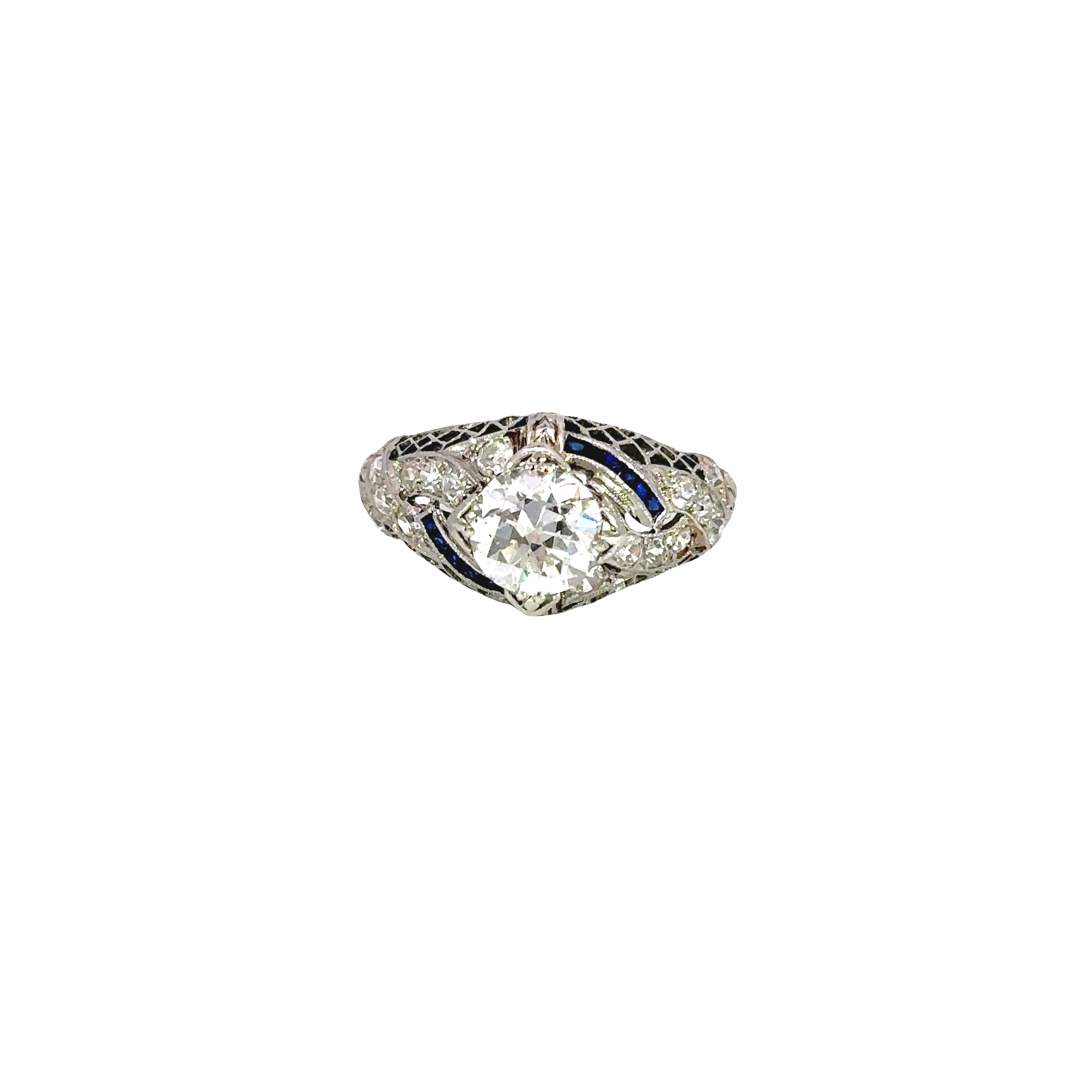 Estate Art Deco Platinum Old Mine Cut Diamond & Sapphire Ring circa 1930s