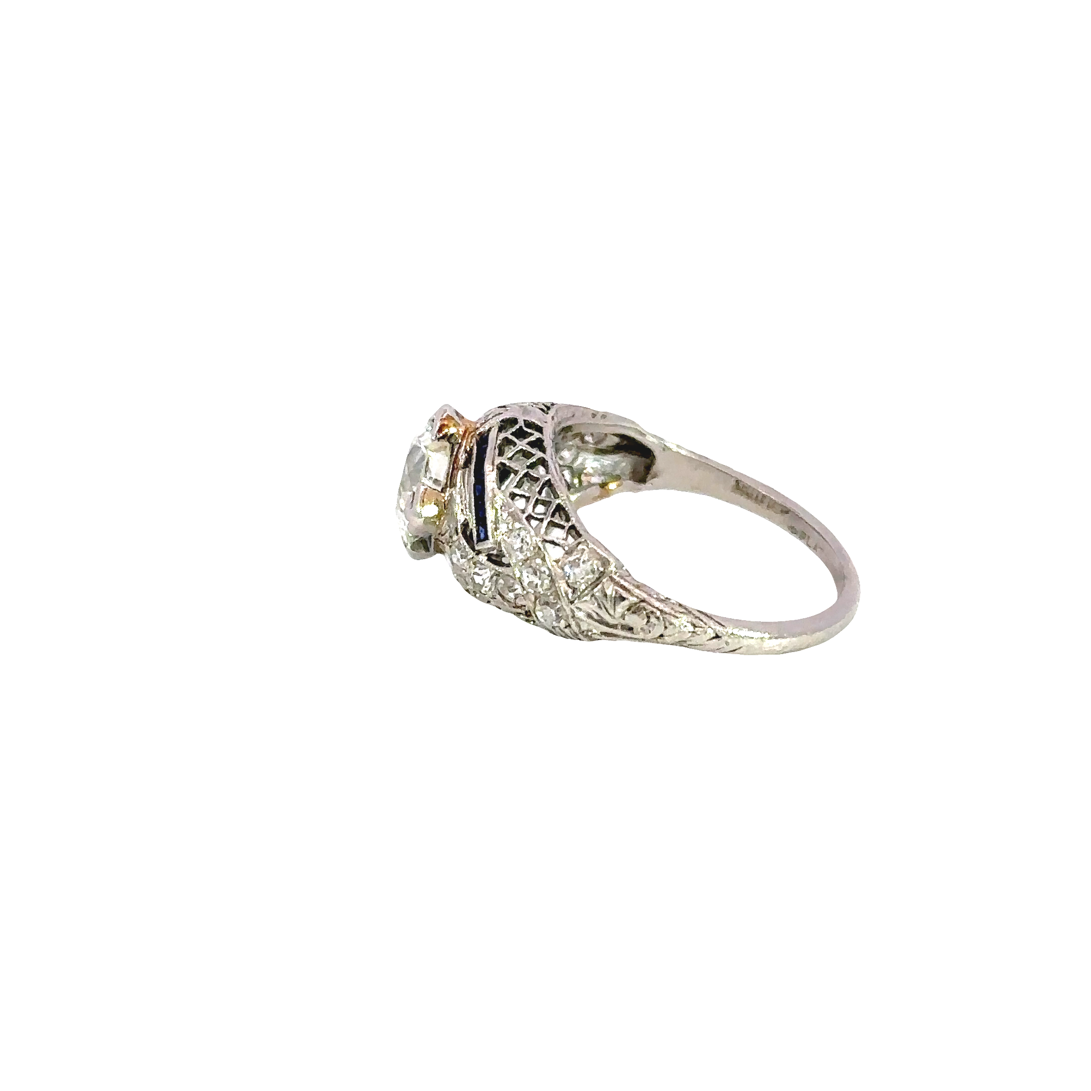 Estate Art Deco Platinum Old Mine Cut Diamond & Sapphire Ring circa 1930s