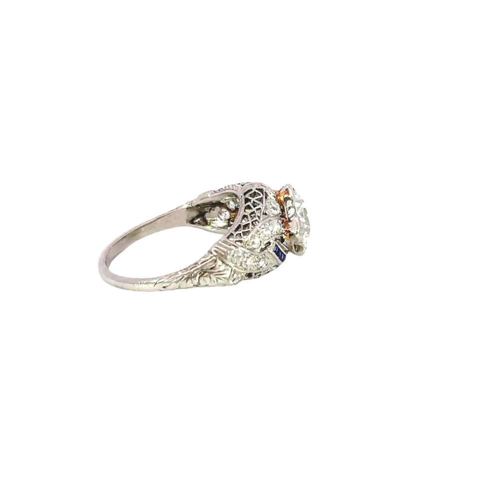 Estate Art Deco Platinum Old Mine Cut Diamond & Sapphire Ring circa 1930s