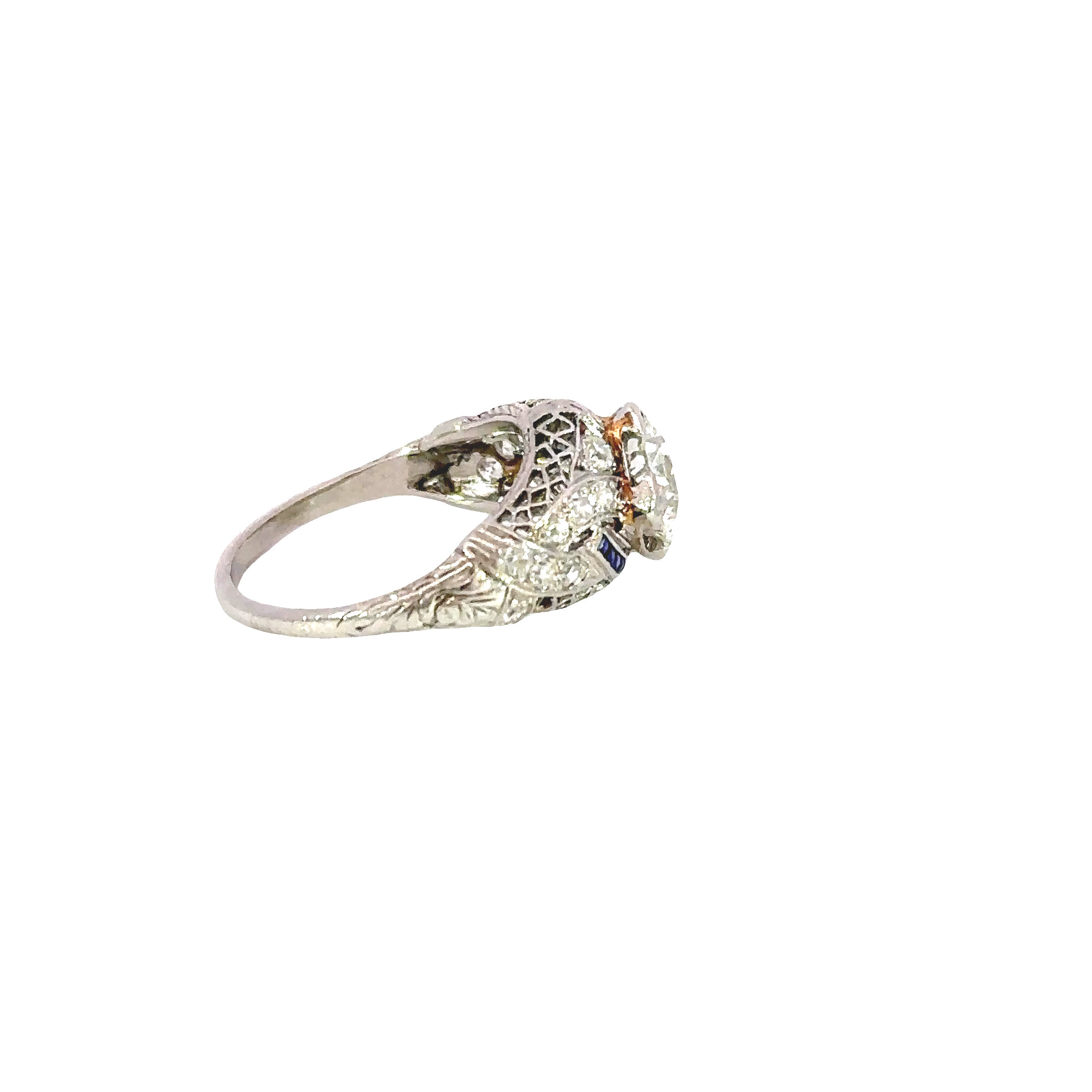 Estate Art Deco Platinum Old Mine Cut Diamond & Sapphire Ring circa 1930s