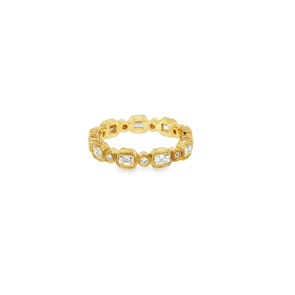 14K Yellow Gold Diamond Eternity Band Bezel Set Emerald & Round Cut 2.14 Carat Stackable Ring