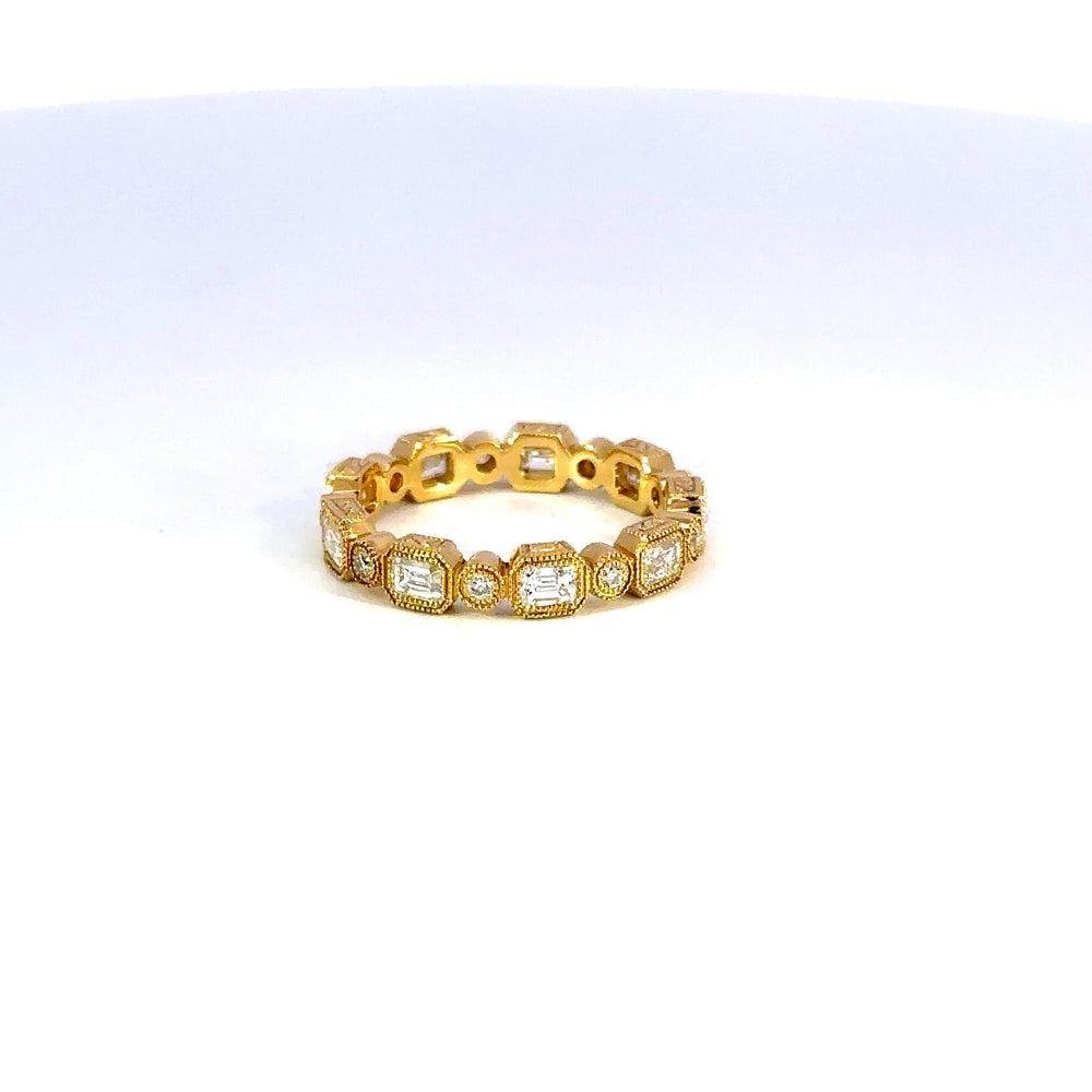 14K Yellow Gold Diamond Eternity Band Bezel Set Emerald & Round Cut 2.14 Carat Stackable Ring