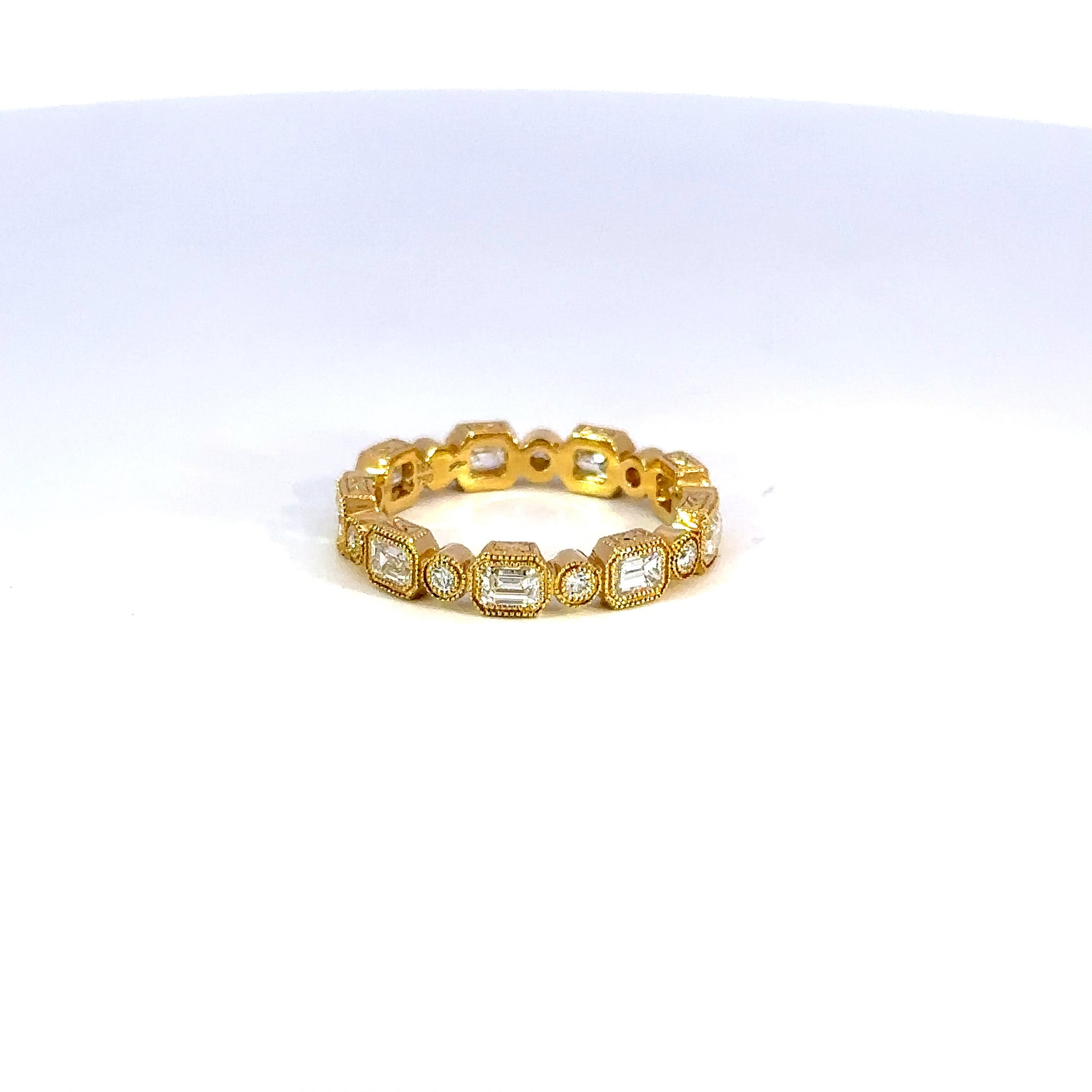 14K Yellow Gold Diamond Eternity Band Bezel Set Emerald & Round Cut 2.14 Carat Stackable Ring