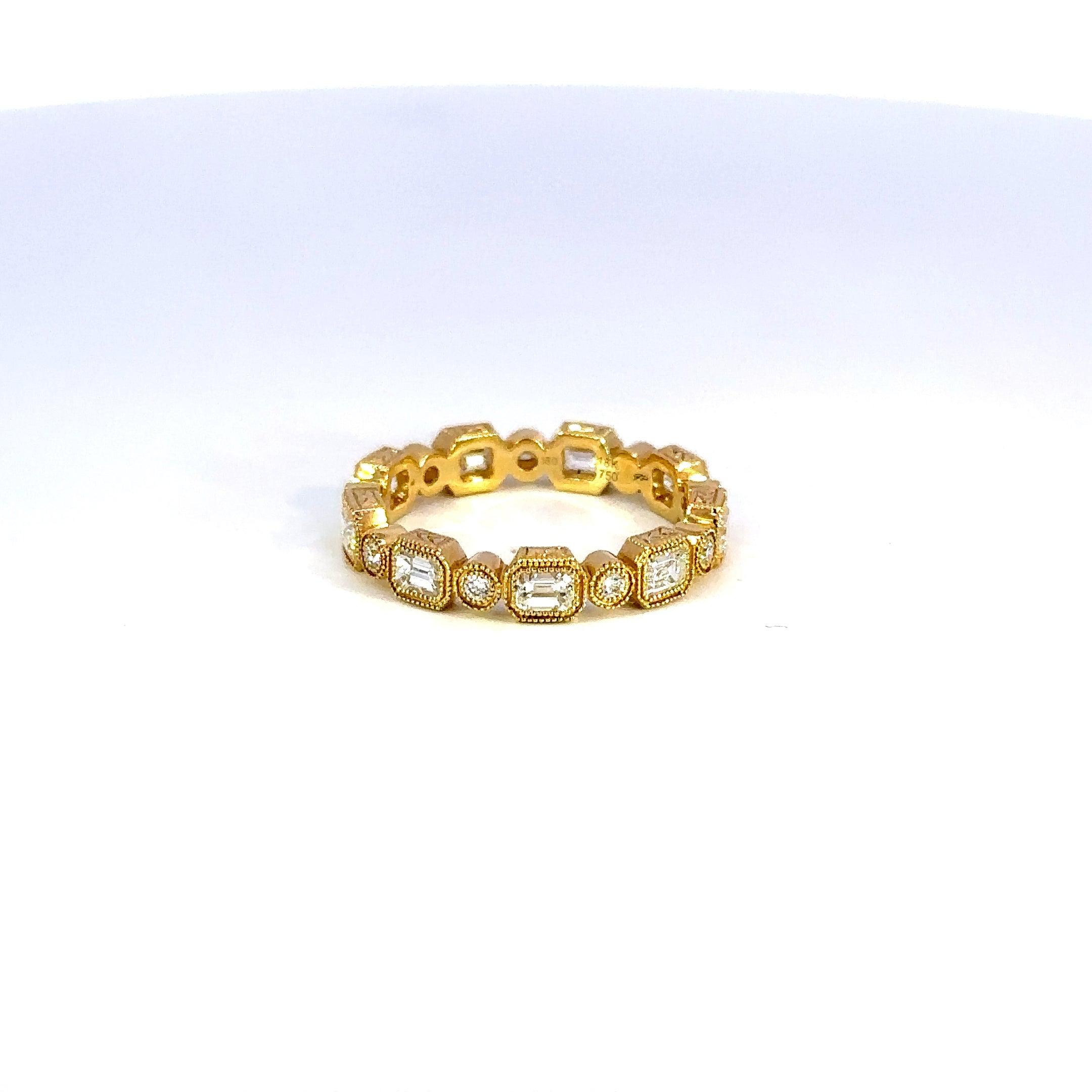14K Yellow Gold Diamond Eternity Band Bezel Set Emerald & Round Cut 2.14 Carat Stackable Ring