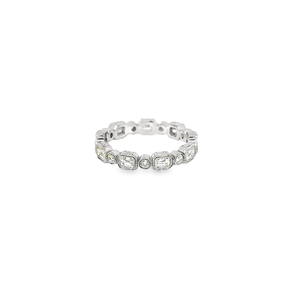 14K White Gold Diamond Eternity Band Bezel Set Emerald & Round Cut 1.73 Carat