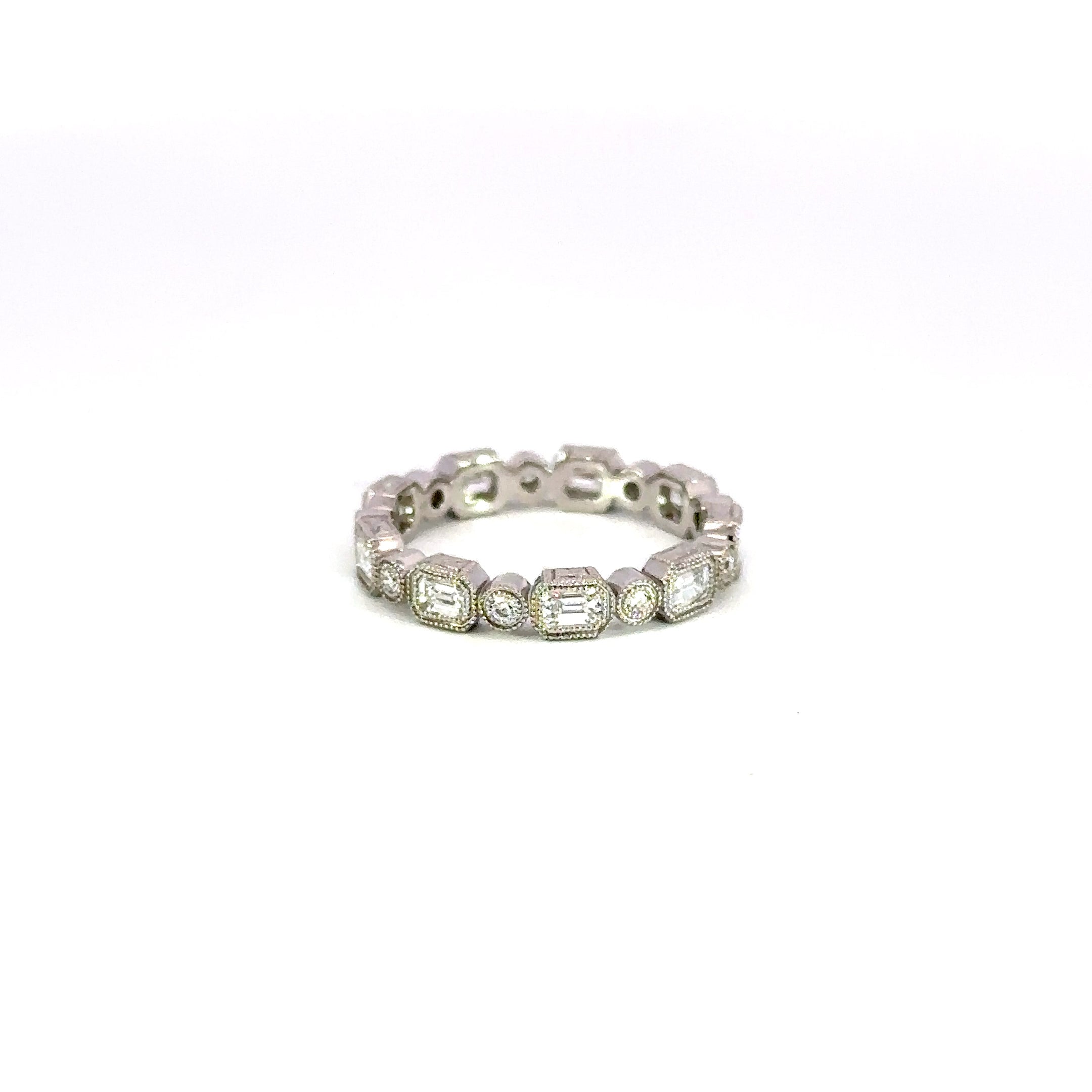 14K White Gold Diamond Eternity Band Bezel Set Emerald & Round Cut 1.73 Carat