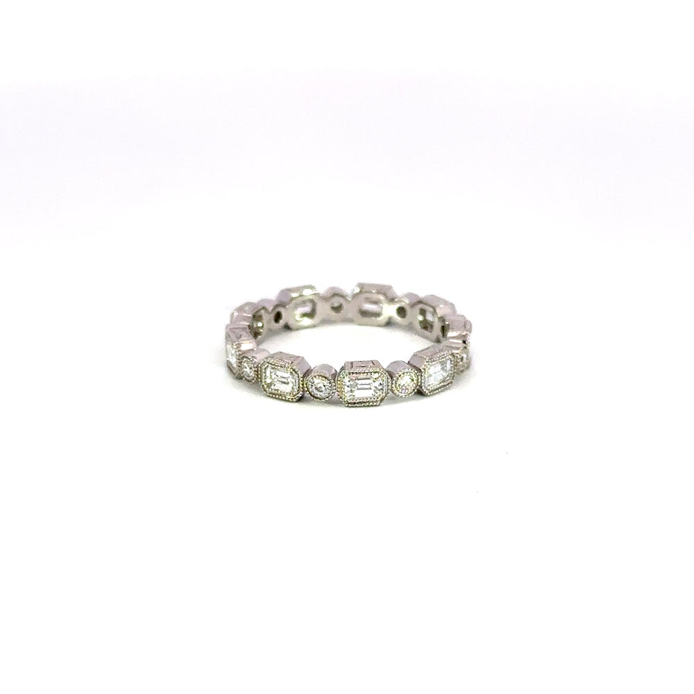 14K White Gold Diamond Eternity Band Bezel Set Emerald & Round Cut 1.73 Carat