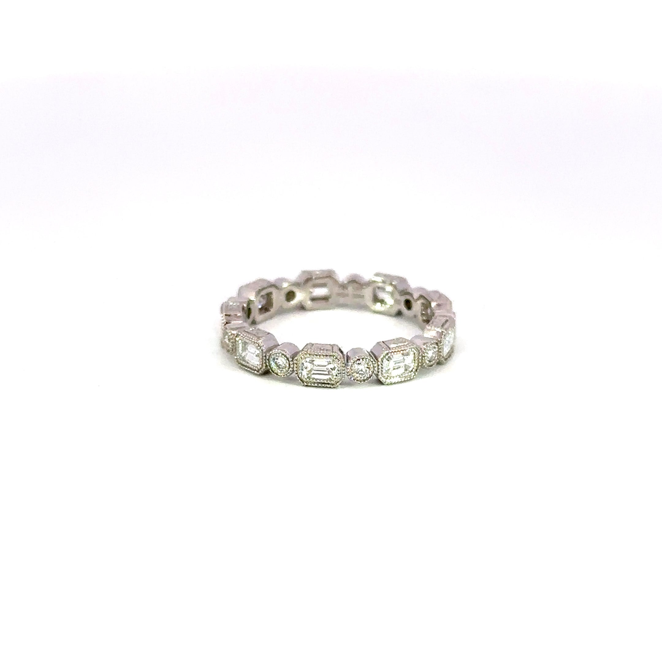 14K White Gold Diamond Eternity Band Bezel Set Emerald & Round Cut 1.73 Carat