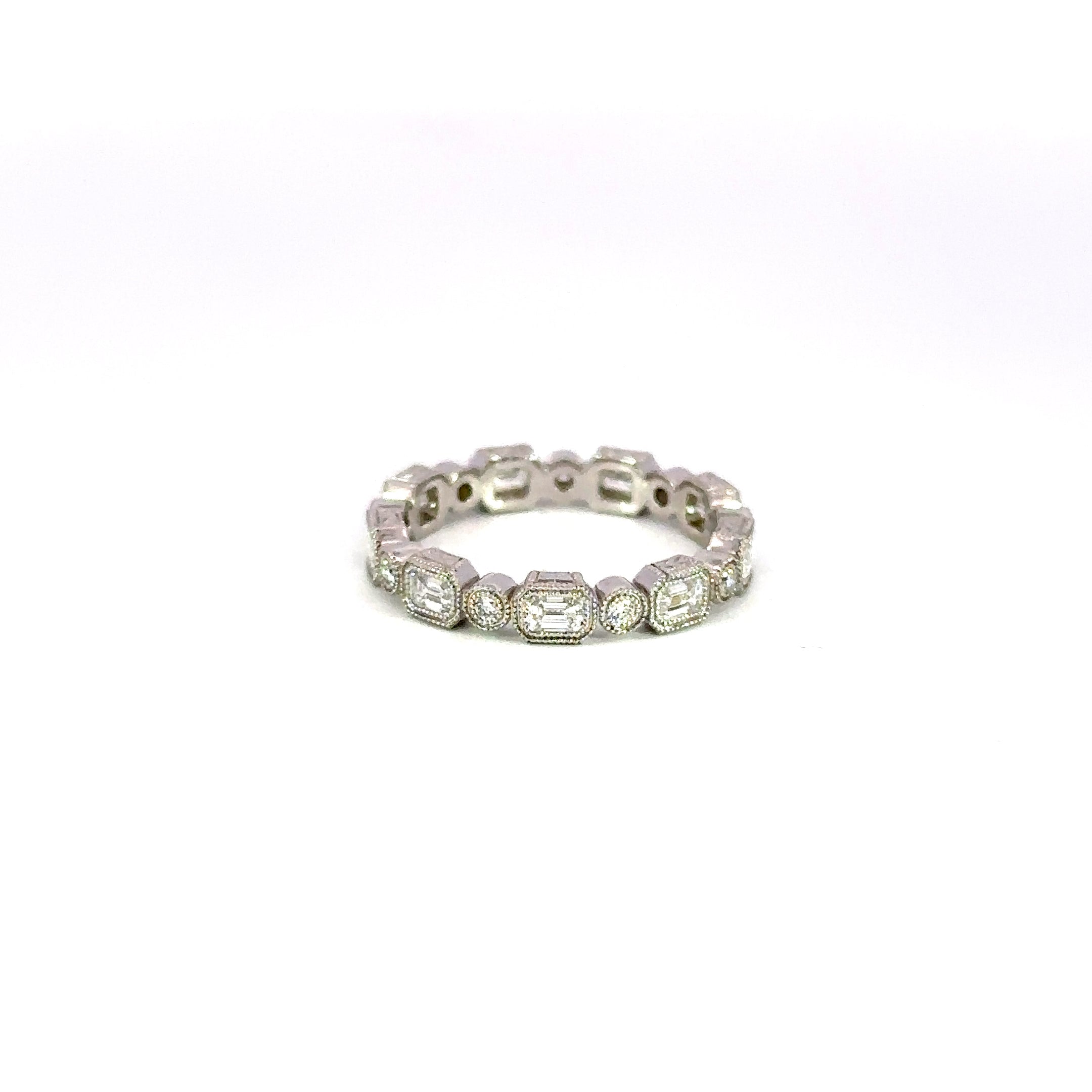 14K White Gold Diamond Eternity Band Bezel Set Emerald & Round Cut 1.73 Carat