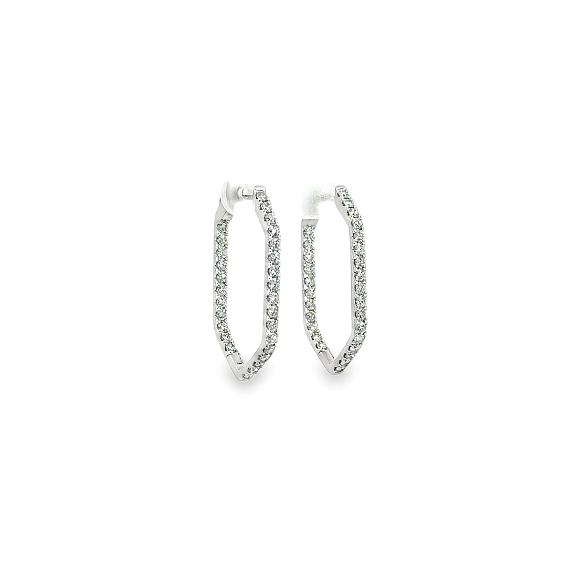 18K White Gold Inside Out Diamond Hexagon Hoop Earrings 1.70 Carat Total
