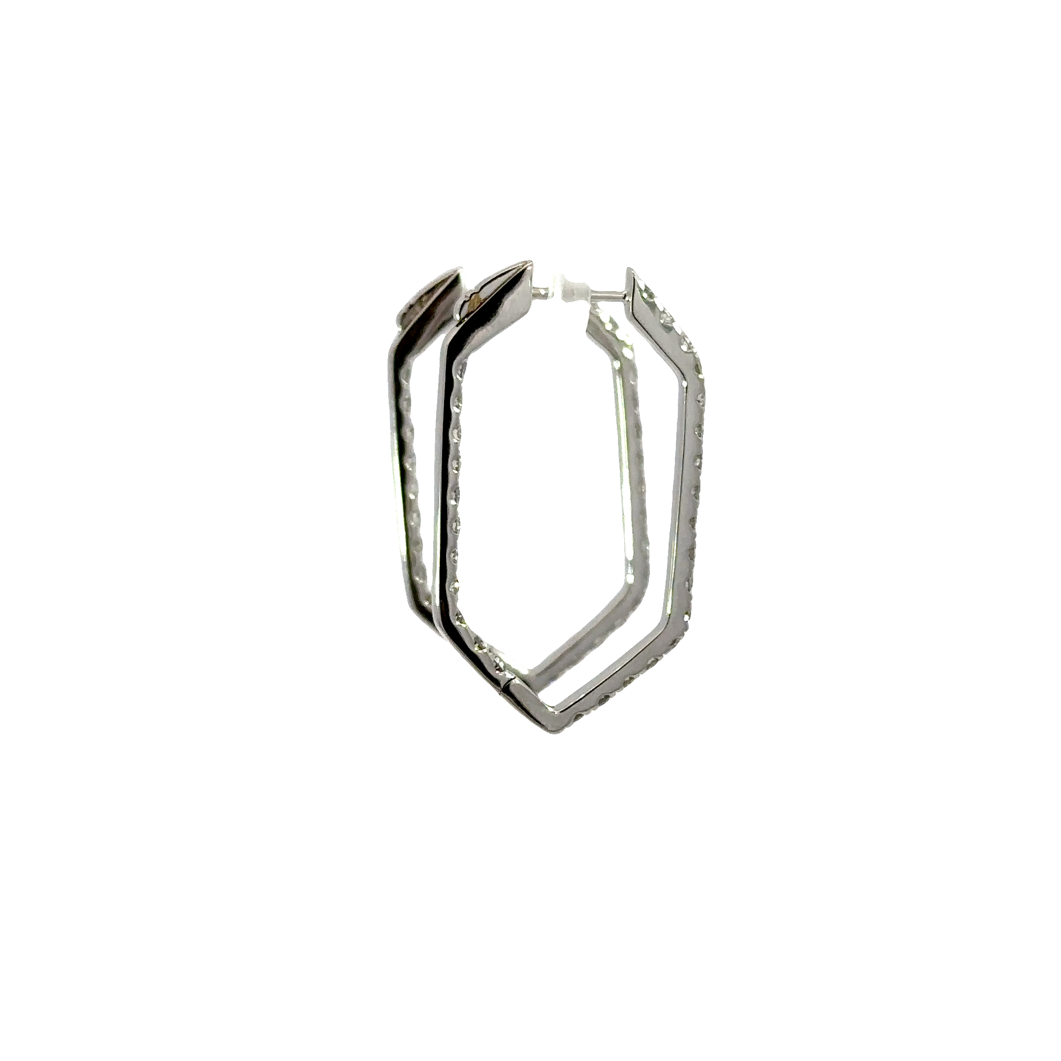 18K White Gold Inside Out Diamond Hexagon Hoop Earrings 1.70 Carat Total