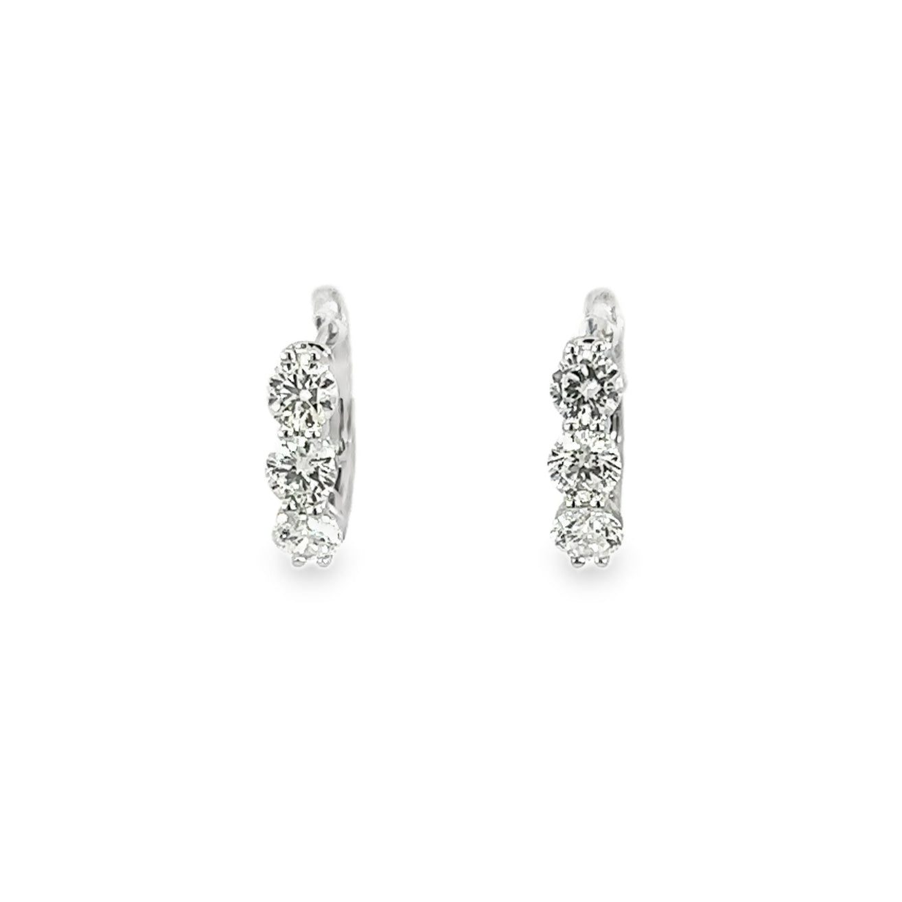 18K White Gold Three-Stone Diamond Hoop Earrings 2.00 Carat Total