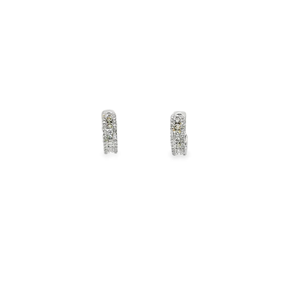 18K White Gold Triple Row Diamond Huggie Hoop Earrings