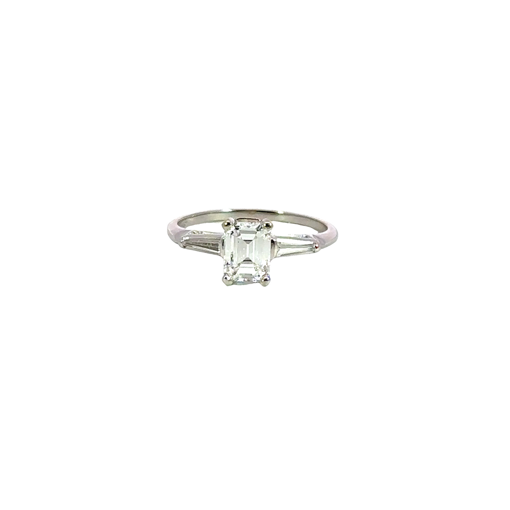 Estate Platinum Emerald Cut Diamond Ring with Baguette Side Diamonds Approx. 1.35 Carat Total