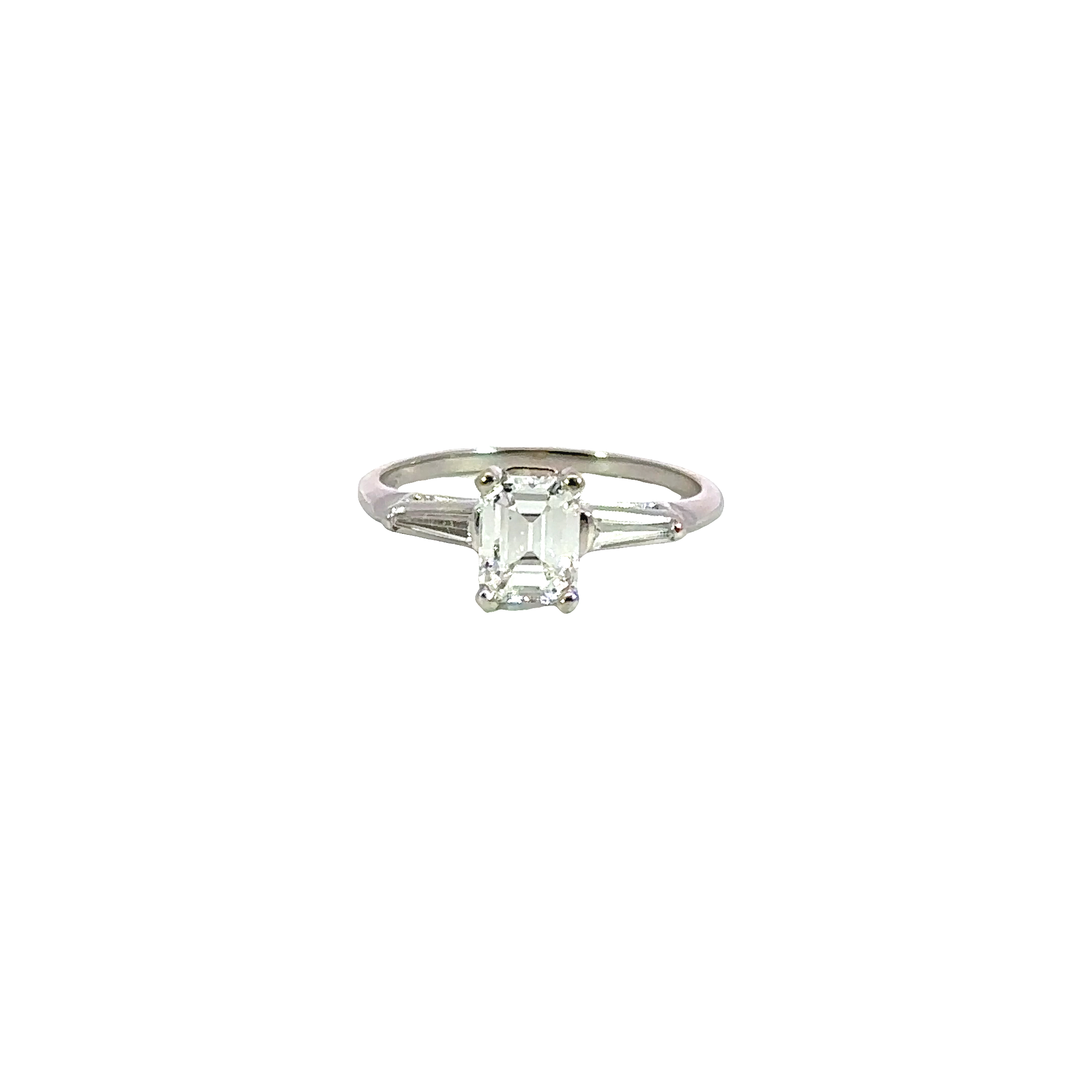 Estate Platinum Emerald Cut Diamond Ring with Baguette Side Diamonds Approx. 1.35 Carat Total