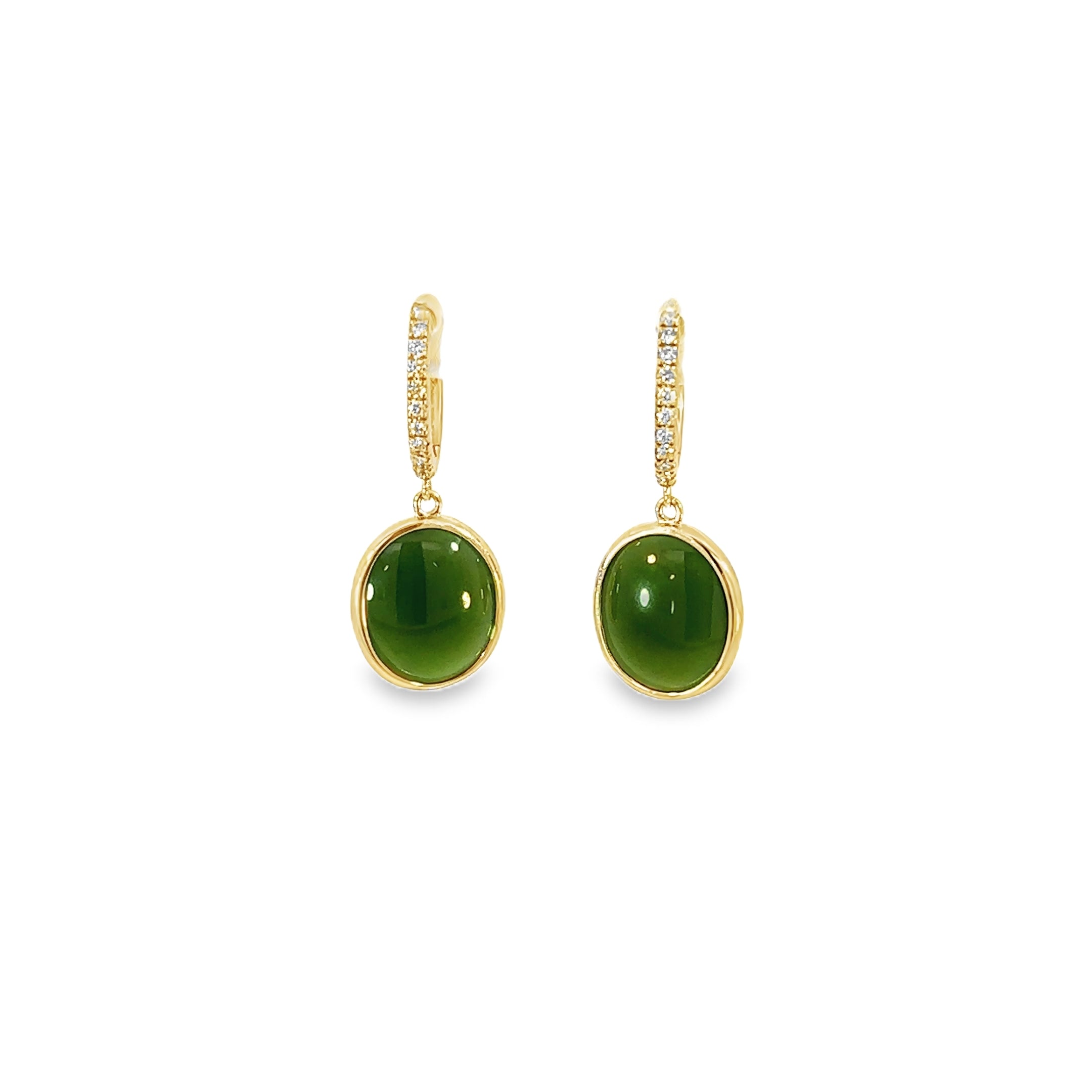 14K Yellow Gold Oval Jade Cabochon and Diamond Drop Earrings