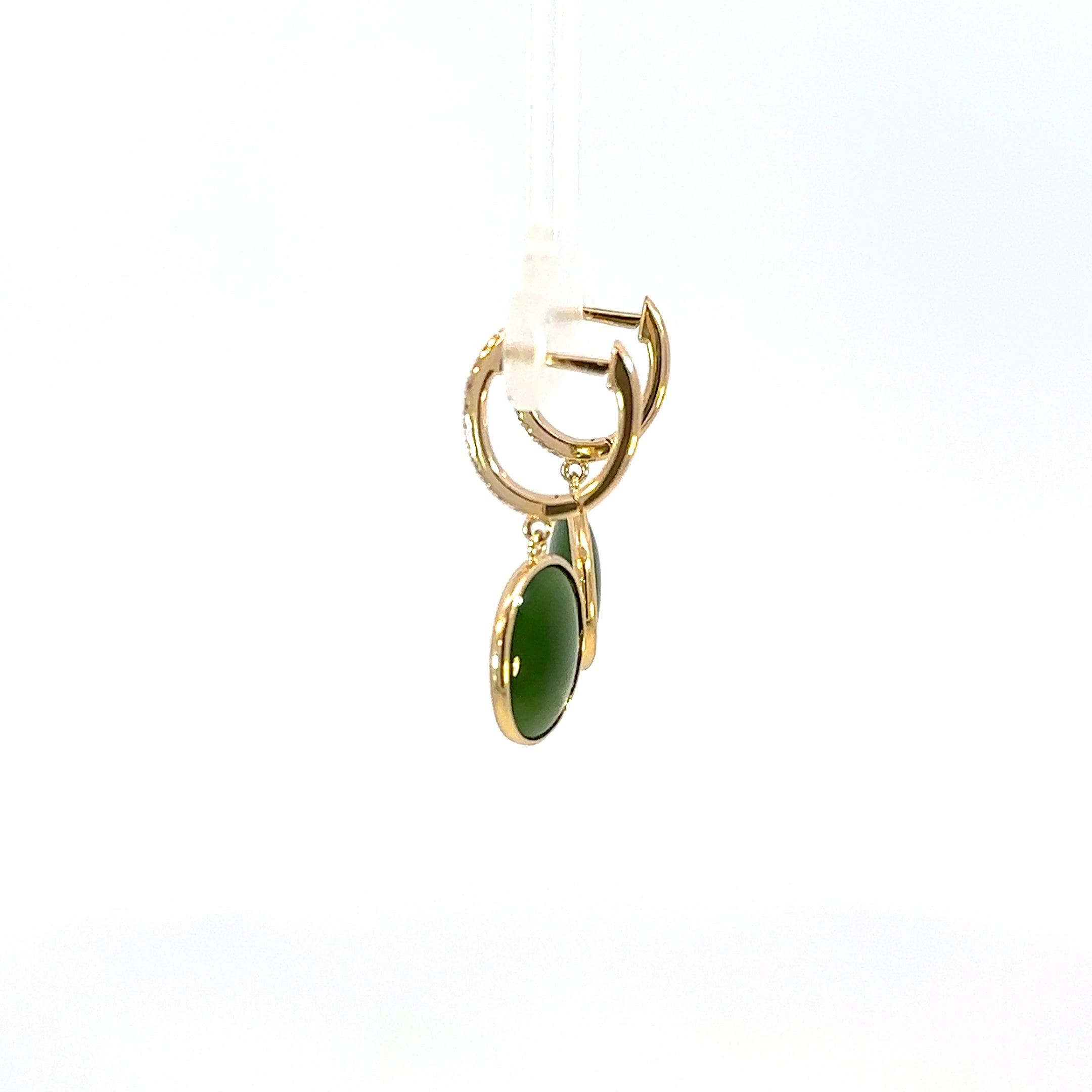 14K Yellow Gold Oval Jade Cabochon and Diamond Drop Earrings