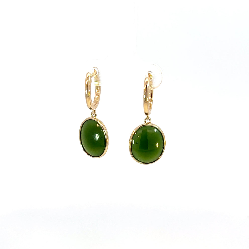 14K Yellow Gold Oval Jade Cabochon and Diamond Drop Earrings
