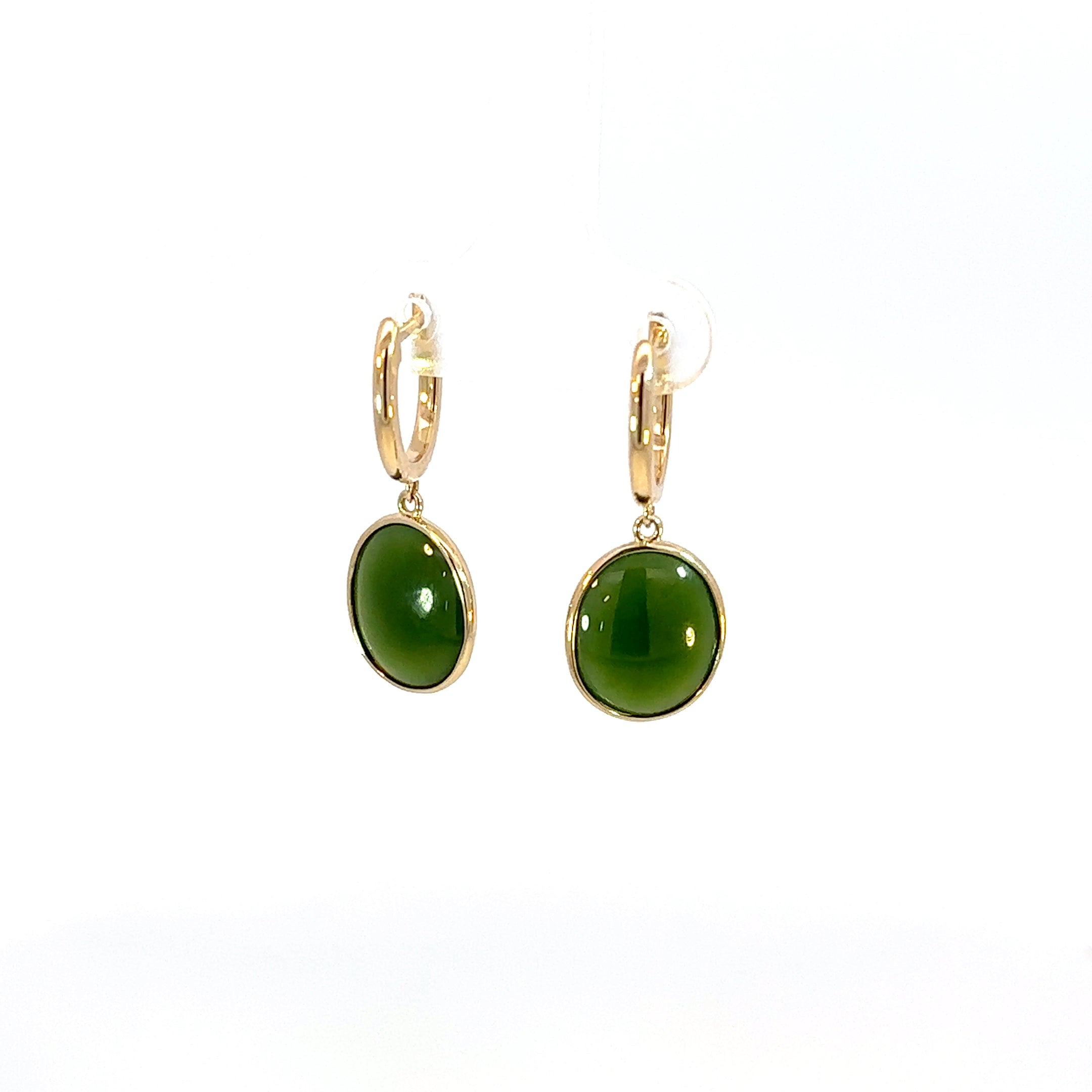 14K Yellow Gold Oval Jade Cabochon and Diamond Drop Earrings