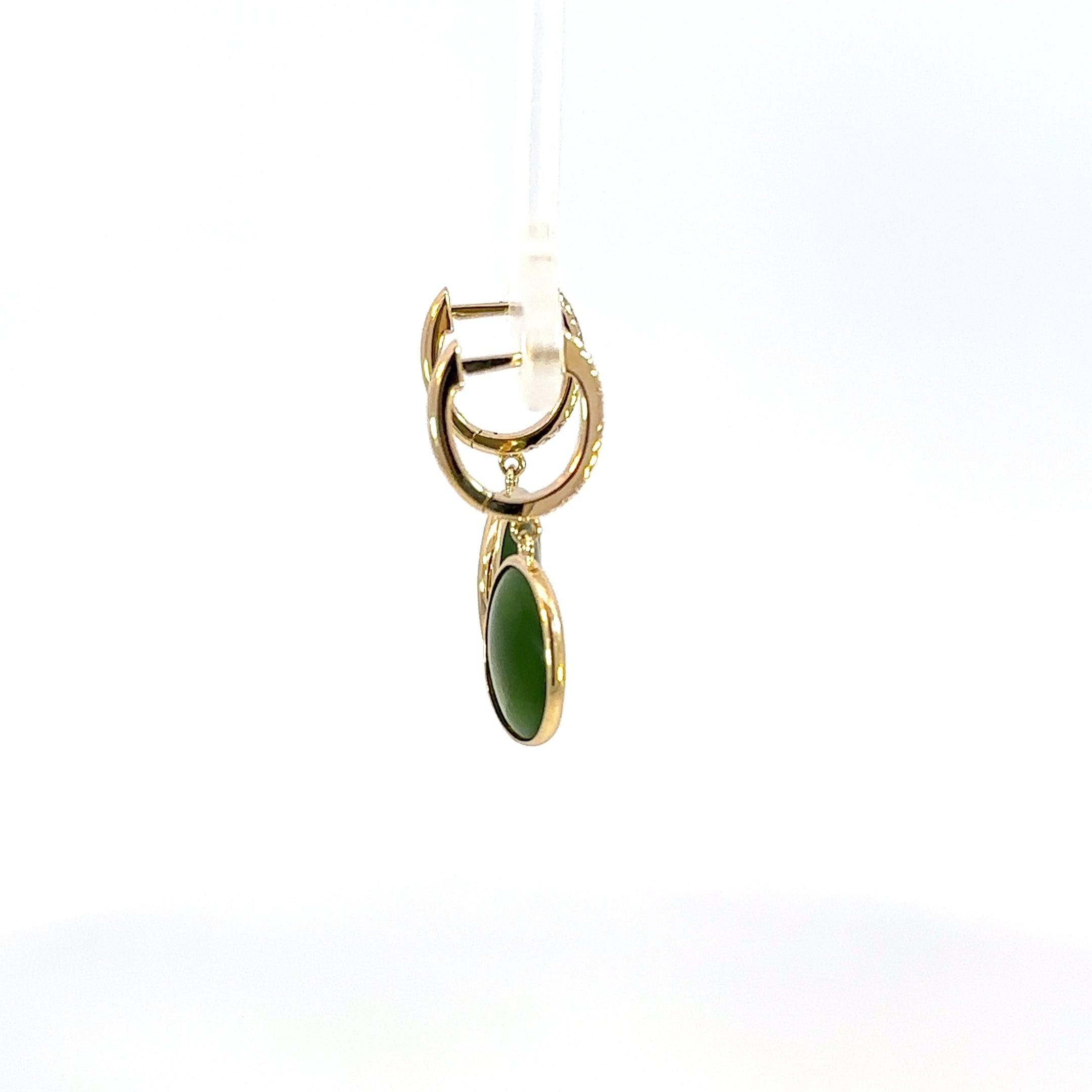 14K Yellow Gold Oval Jade Cabochon and Diamond Drop Earrings