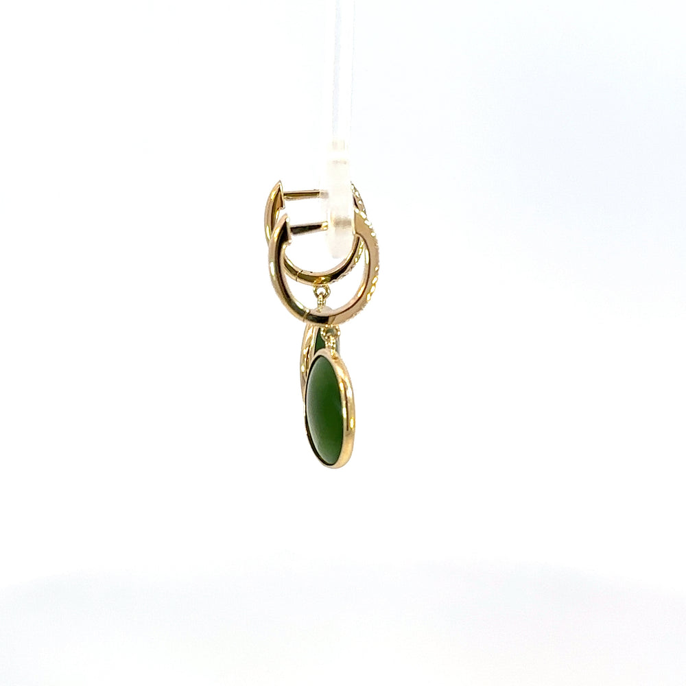 14K Yellow Gold Oval Jade Cabochon and Diamond Drop Earrings