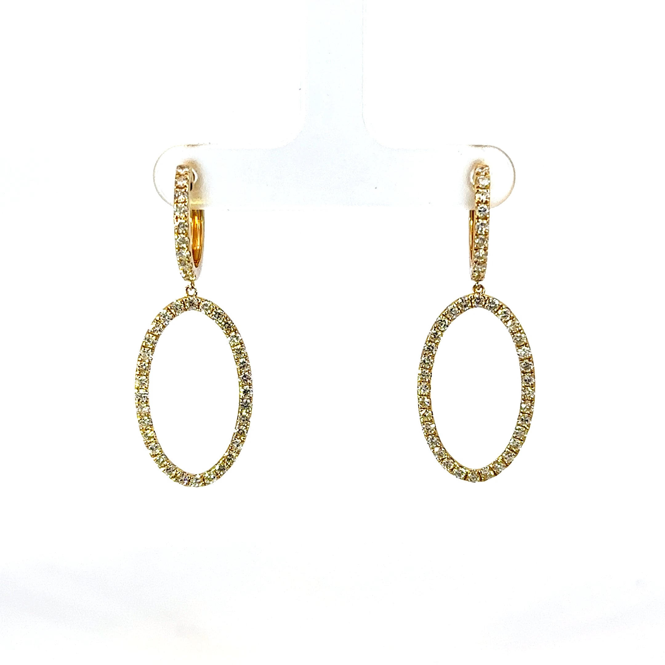18K Yellow Gold Diamond Oval Dangle Huggie Earrings 1.60 Carat Total