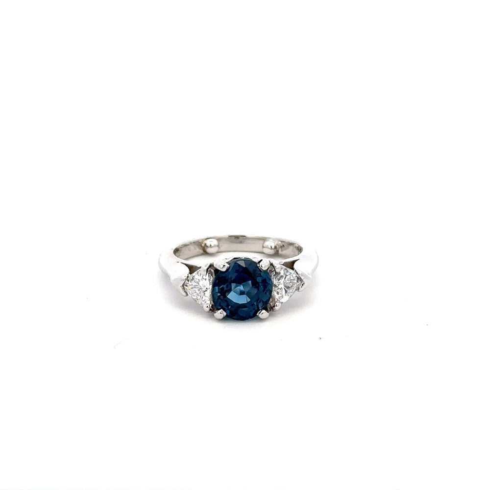 Platinum Sapphire Ring with Trillion Diamond Sides