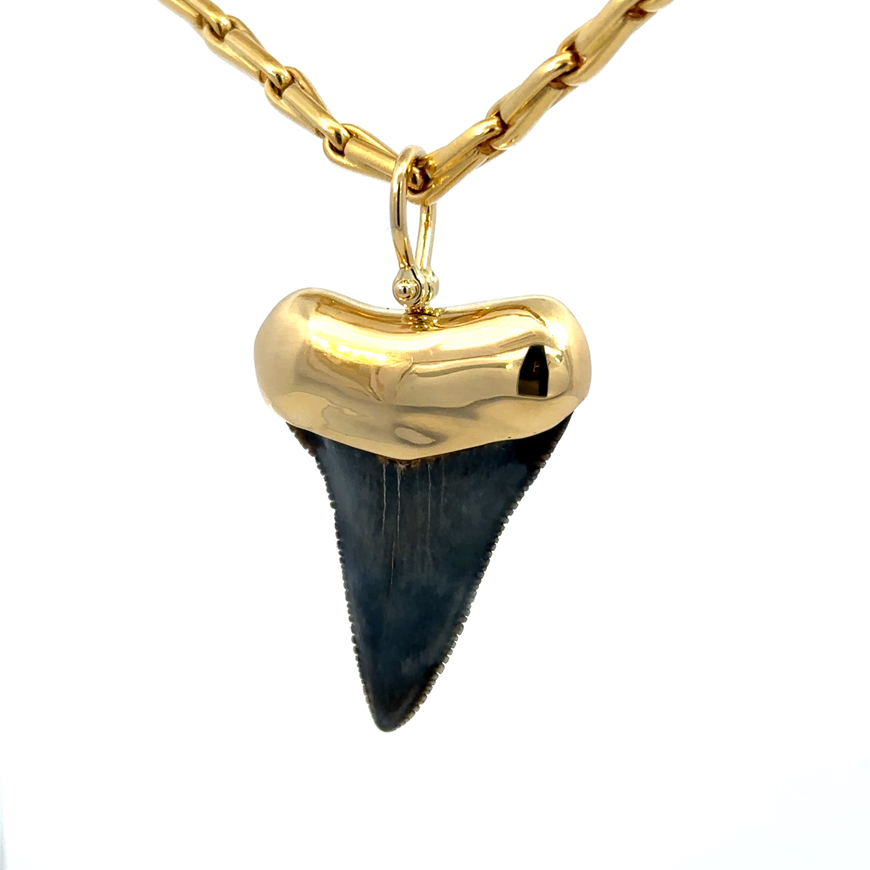 Estate 18K Yellow Gold Shark Tooth Pendant Necklace – Solid Gold 20" Chain Custom Setting