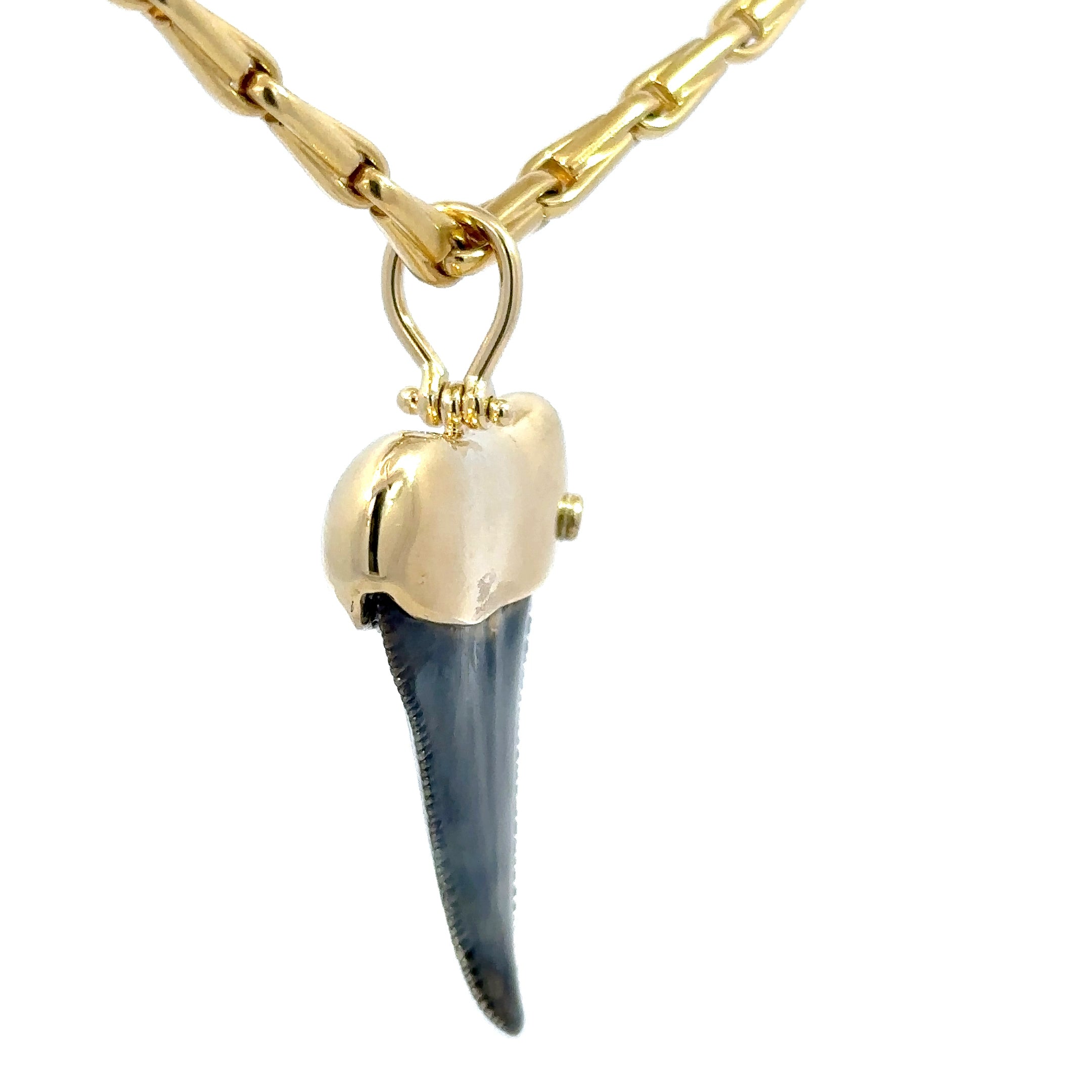 Estate 18K Yellow Gold Shark Tooth Pendant Necklace – Solid Gold 20" Chain Custom Setting