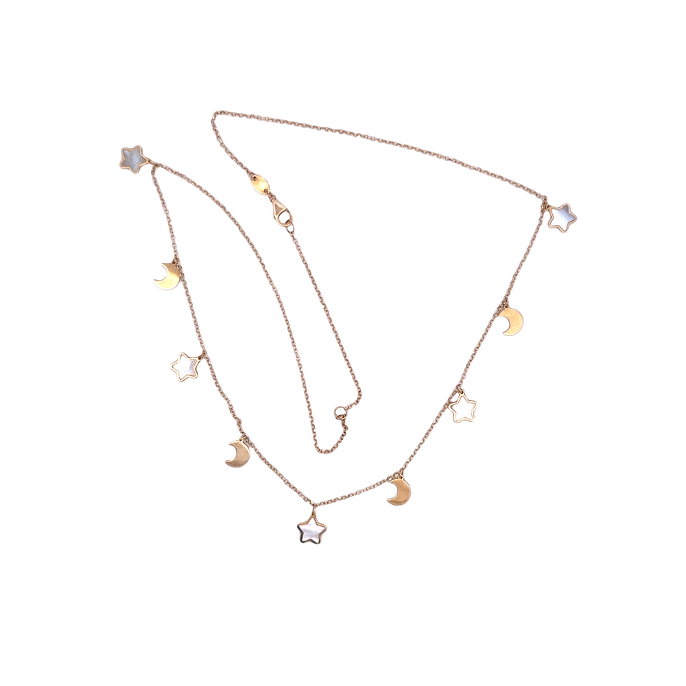 14K Gold Celestial Necklace – Star Mother of Pearl & Crescent Moon Station Necklace