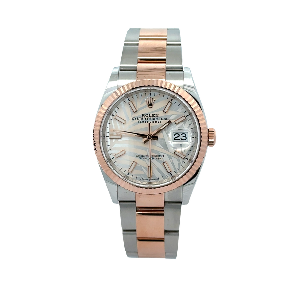 Pre-Owned Rolex Datejust 36mm Two-Tone Rose Gold Palm Dial Fluted Bezel Box & Papers