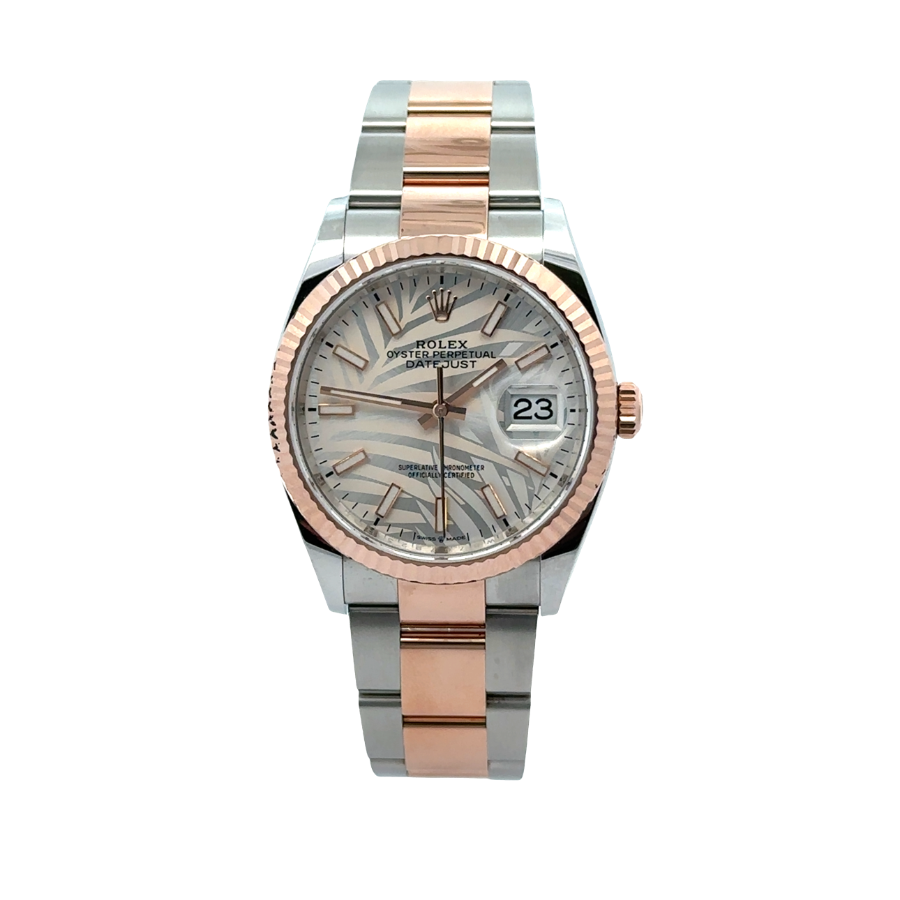 Pre-Owned Rolex Datejust 36mm Two-Tone Rose Gold Palm Dial Fluted Bezel Box & Papers