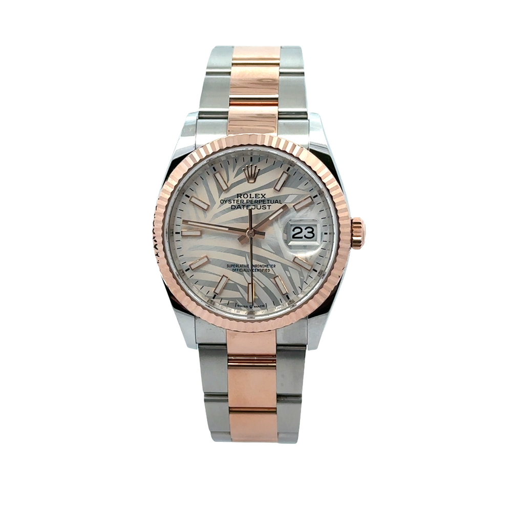 Pre-Owned Rolex Datejust 36mm Two-Tone Rose Gold Palm Dial Fluted Bezel Box & Papers