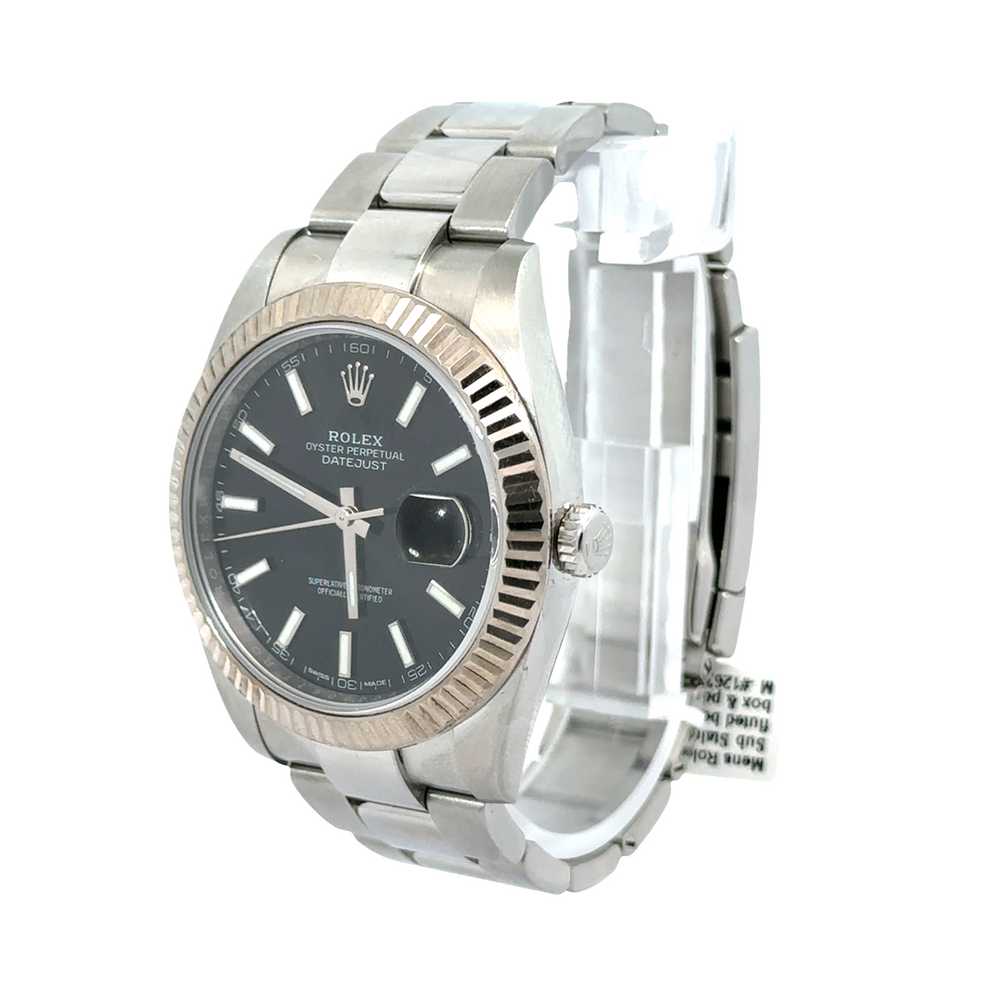 Pre-Owned Rolex Datejust 41mm Stainless Steel Black Dial Fluted Bezel Box & Papers