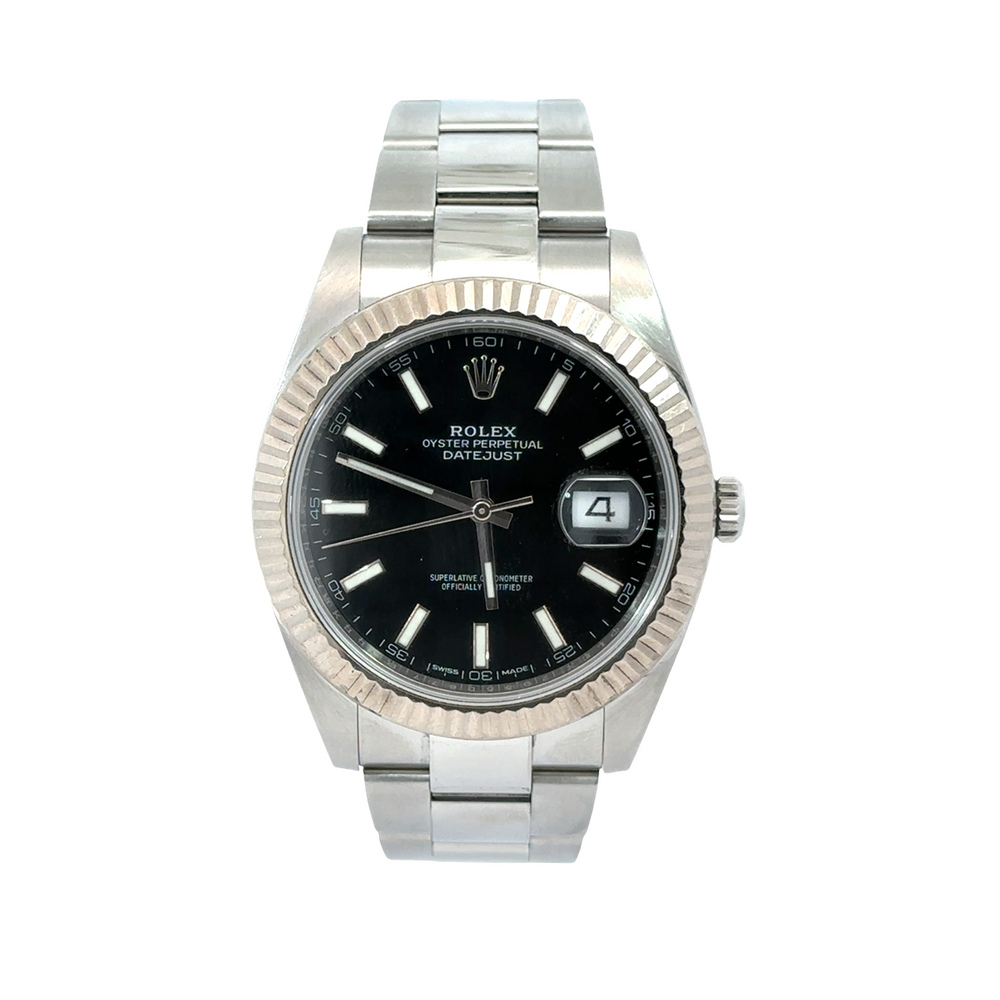 Pre-Owned Rolex Datejust 41mm Stainless Steel Black Dial Fluted Bezel Box & Papers