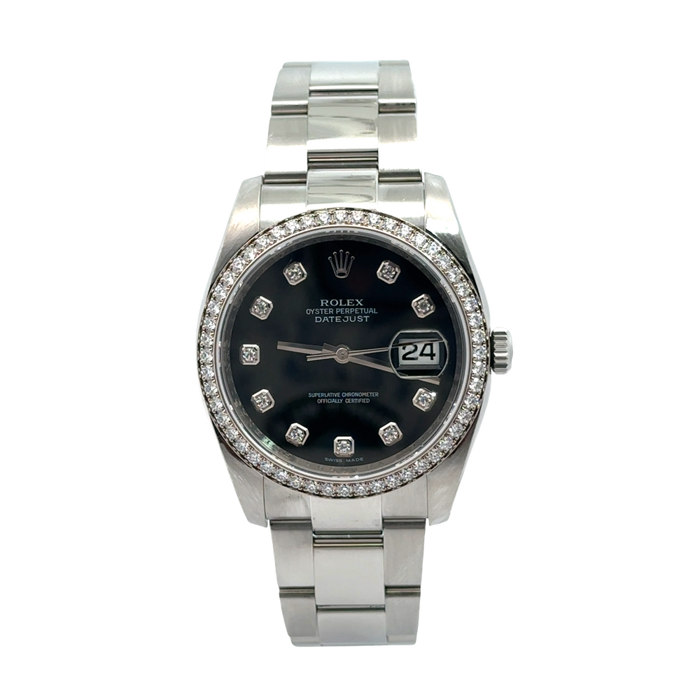 Pre-Owned Rolex Datejust 36mm Diamond Bezel Black Dial Box & Papers