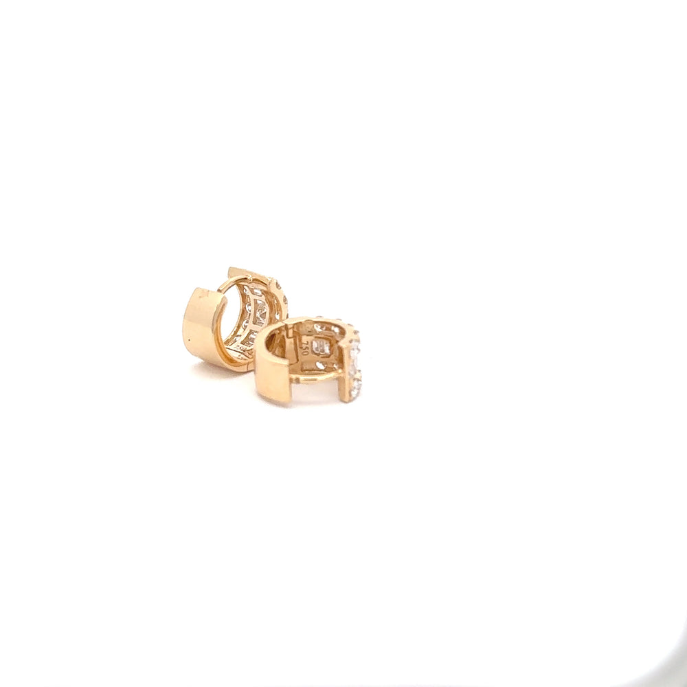 18K Yellow Gold Diamond Huggie Earrings Round & Baguette