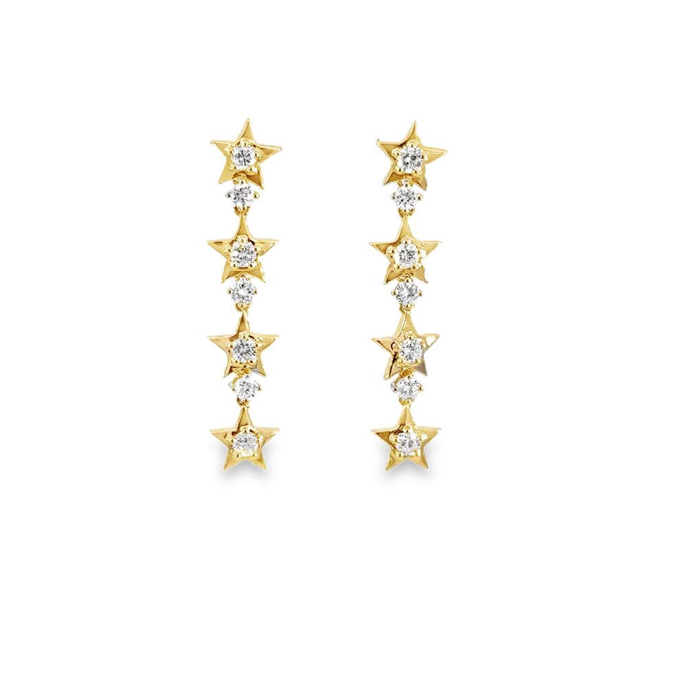 18K Yellow Gold Diamond Star Dangle Earrings