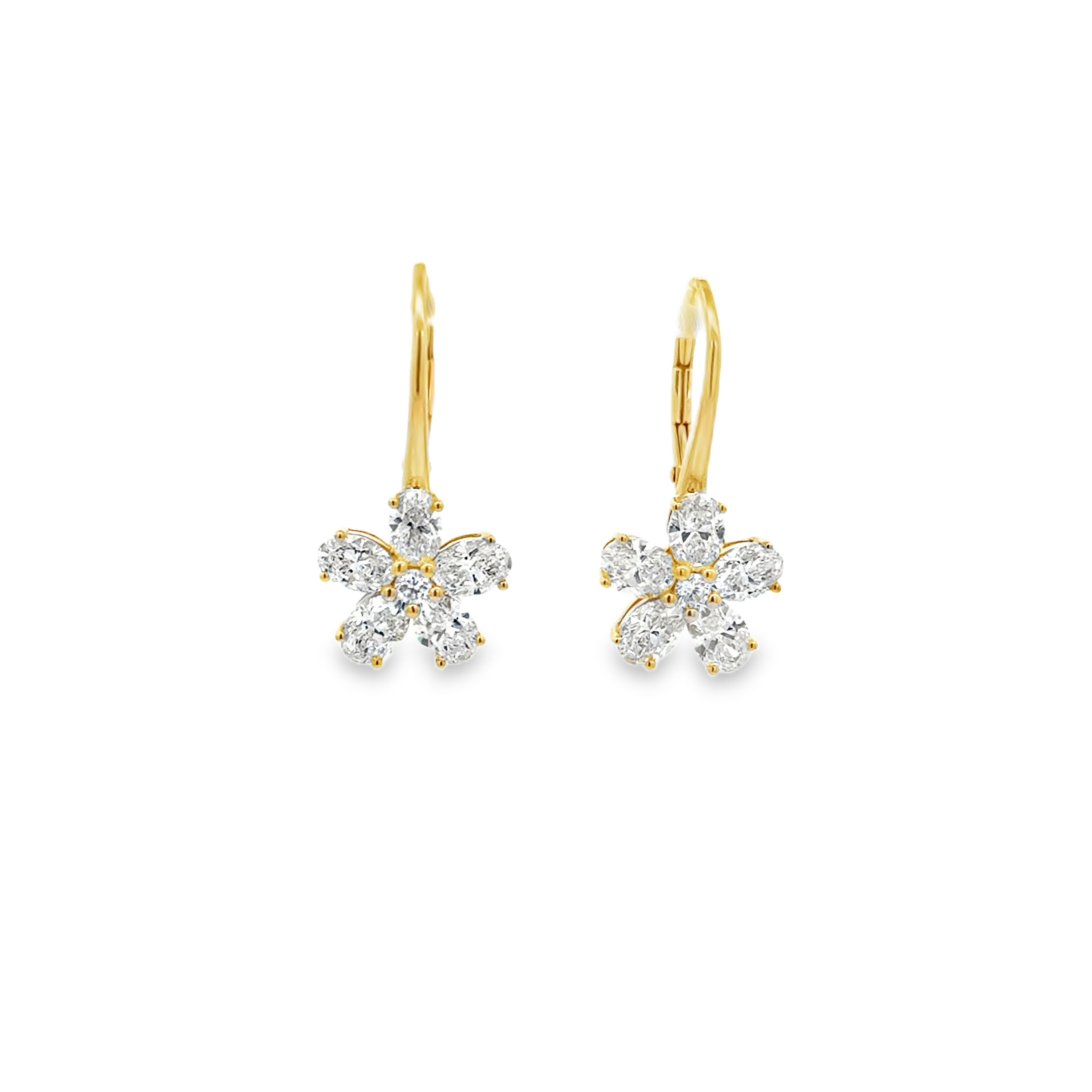 18K Yellow Gold Diamond Flower Drop Earrings with Oval Diamonds