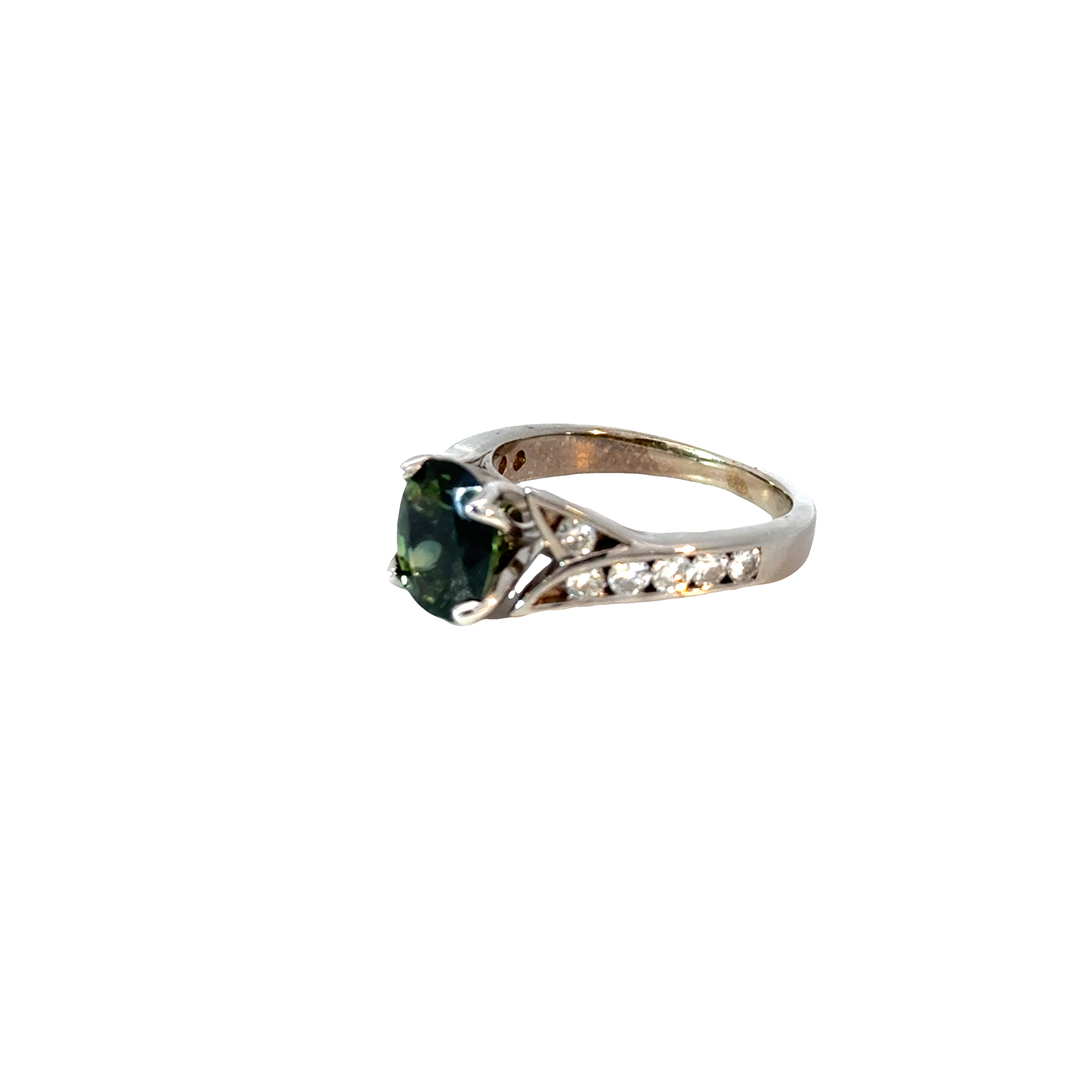 14K White Gold Oval Color-Change Green Sapphire Ring – Unheated Sapphire with Diamond Accents & Tulip Setting