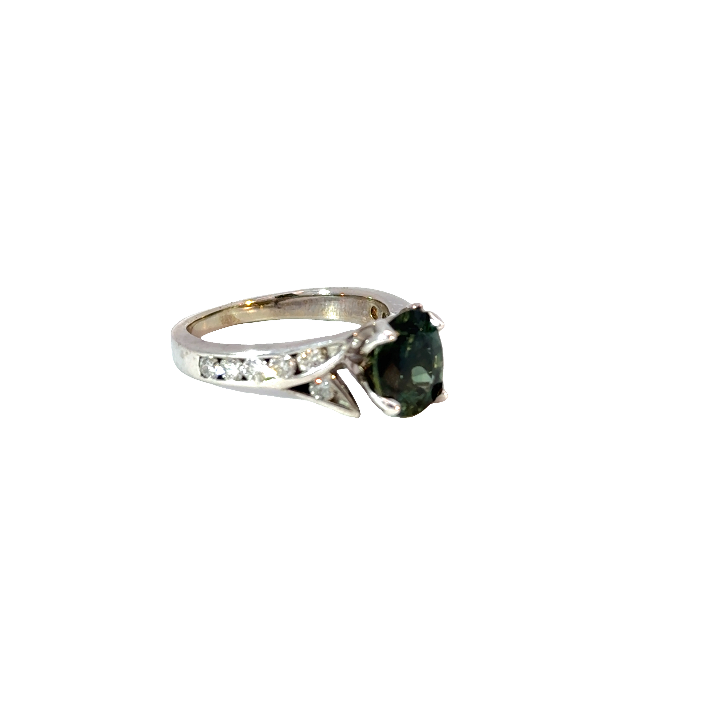 14K White Gold Oval Color-Change Green Sapphire Ring – Unheated Sapphire with Diamond Accents & Tulip Setting