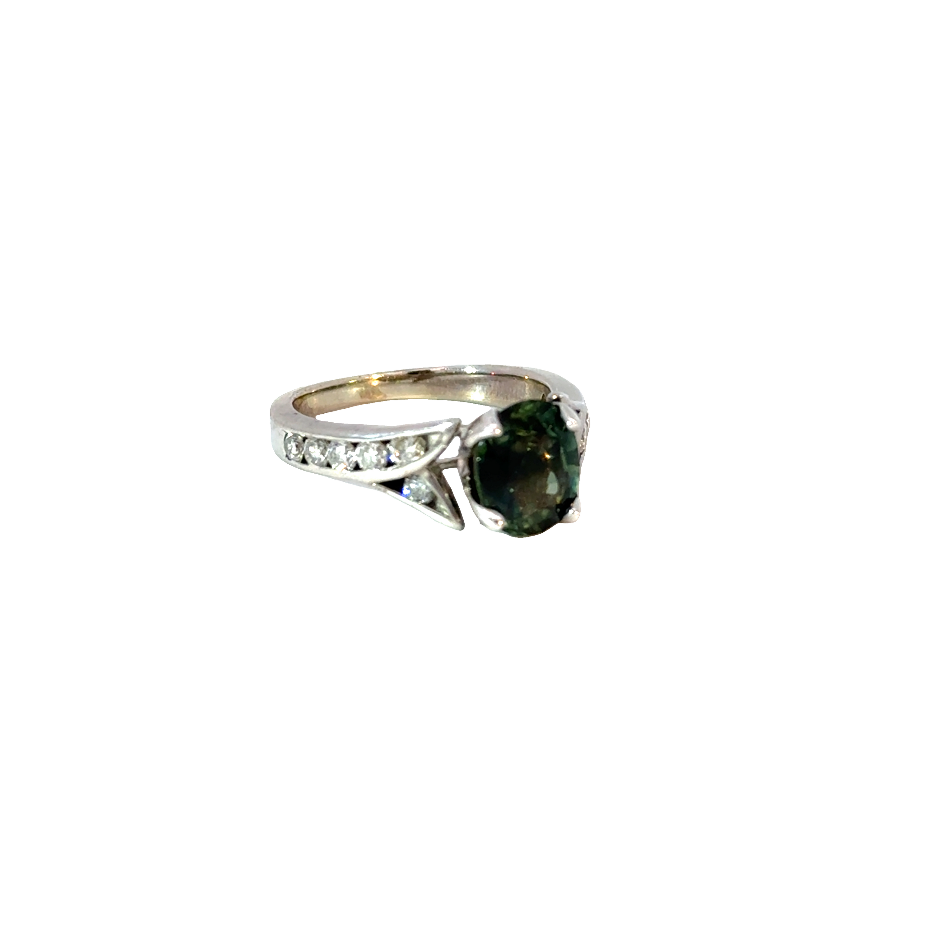 14K White Gold Oval Color-Change Green Sapphire Ring – Unheated Sapphire with Diamond Accents & Tulip Setting