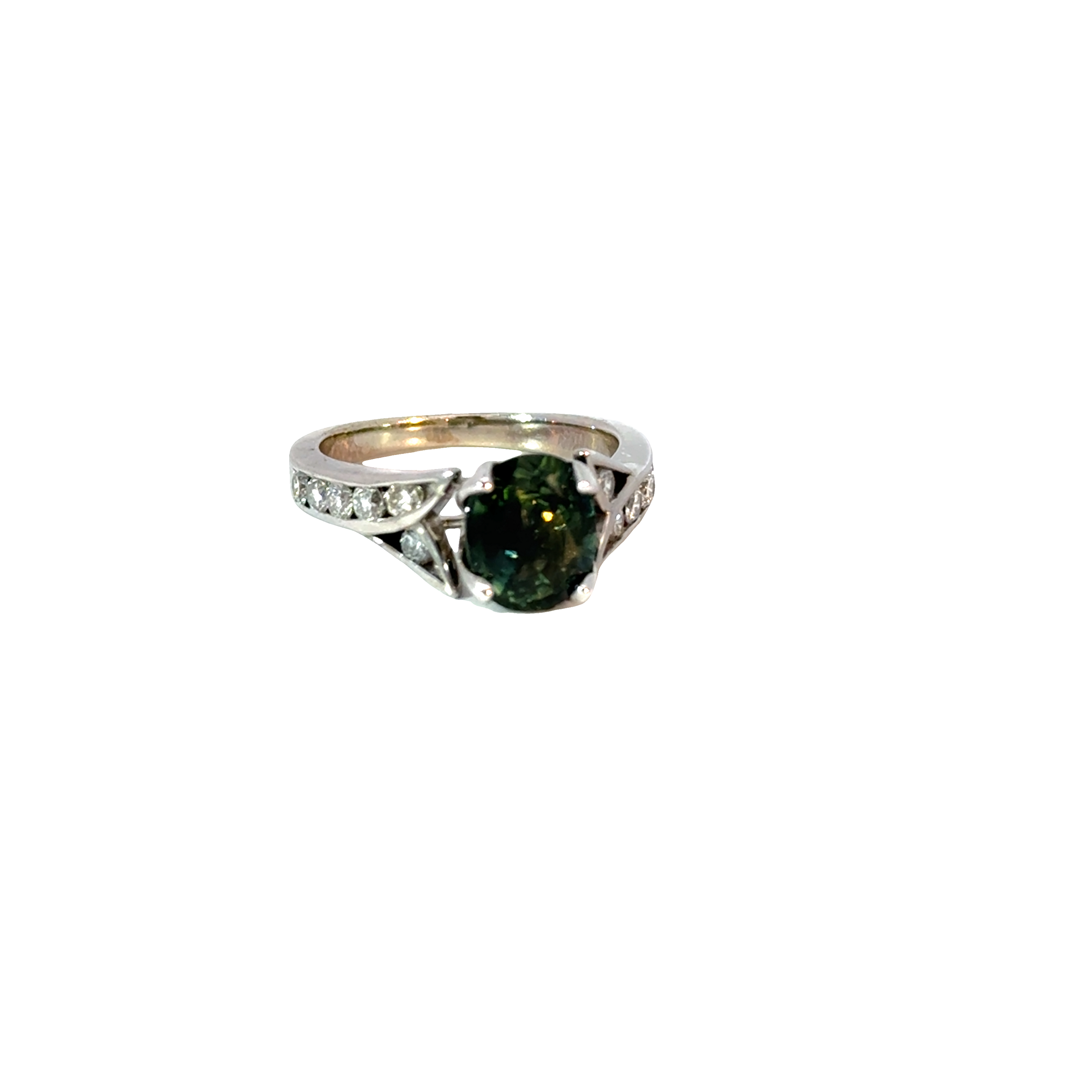 14K White Gold Oval Color-Change Green Sapphire Ring – Unheated Sapphire with Diamond Accents & Tulip Setting