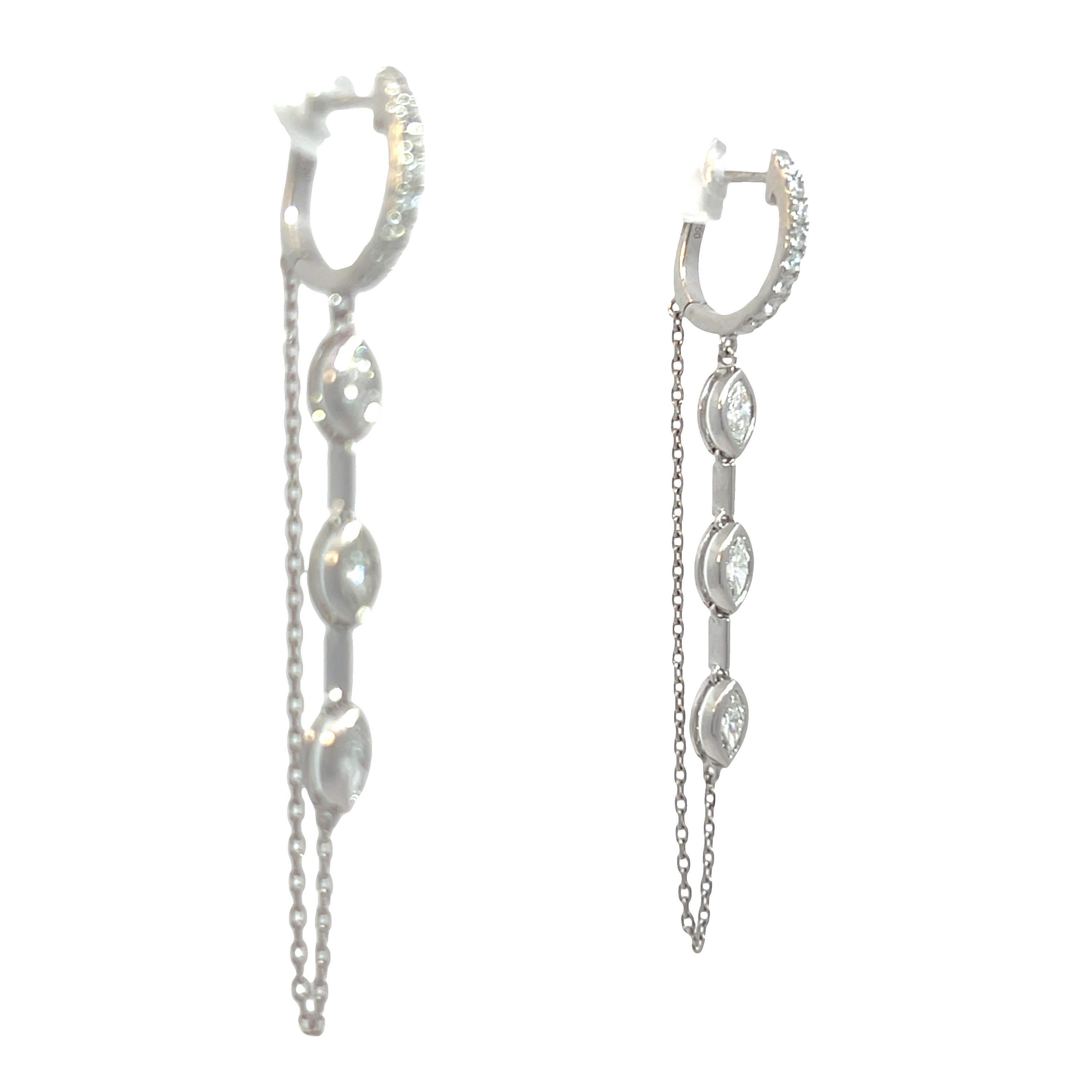 18K White Gold Marquise Diamond Dangle Huggie Earrings