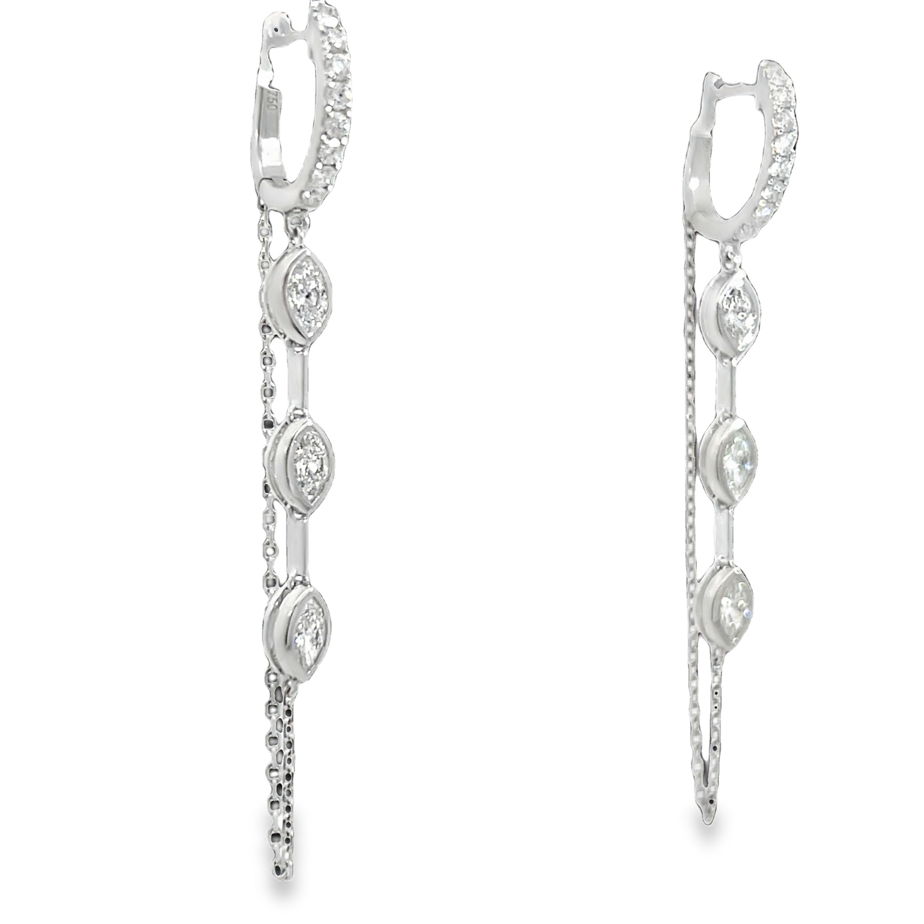 18K White Gold Marquise Diamond Dangle Huggie Earrings