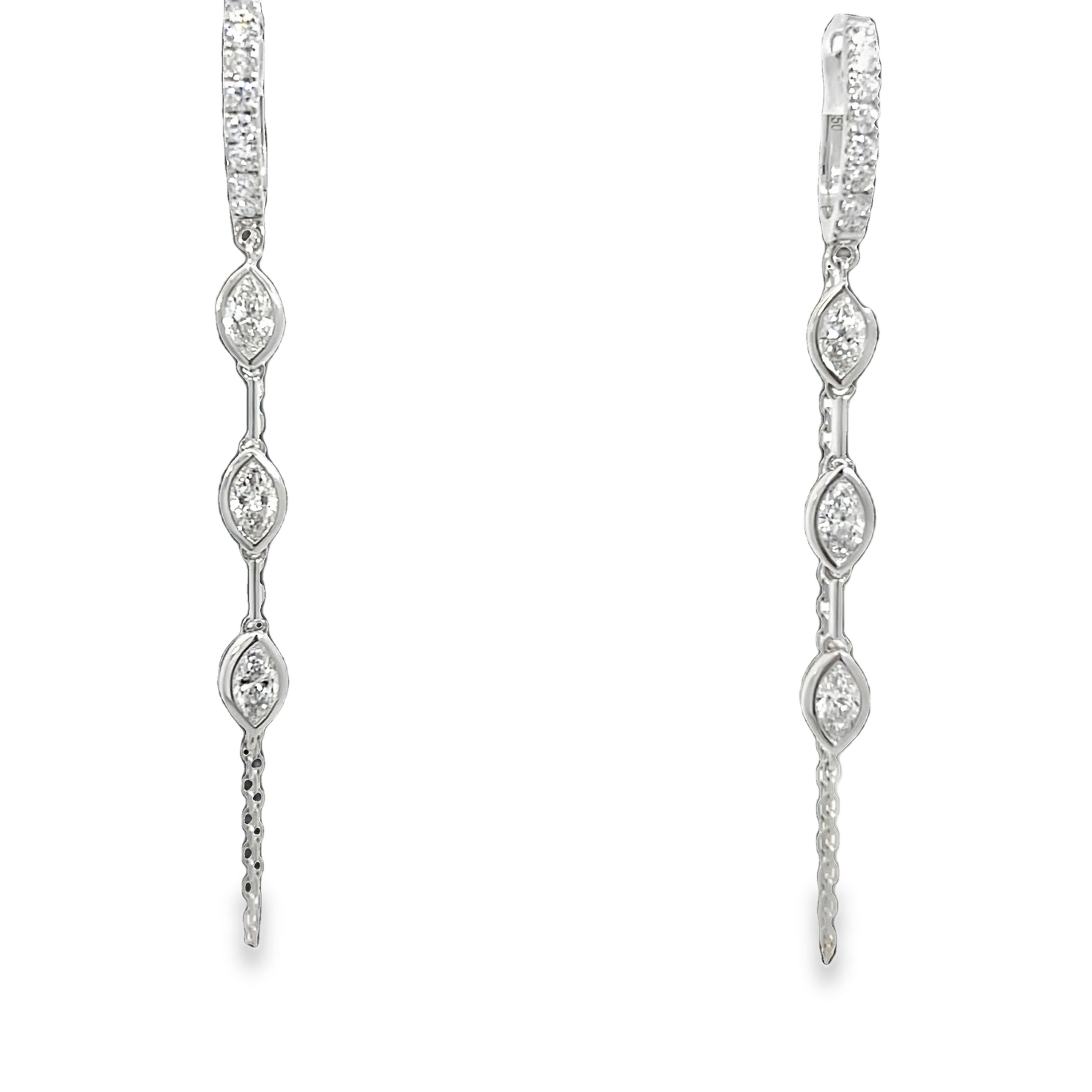 18K White Gold Marquise Diamond Dangle Huggie Earrings