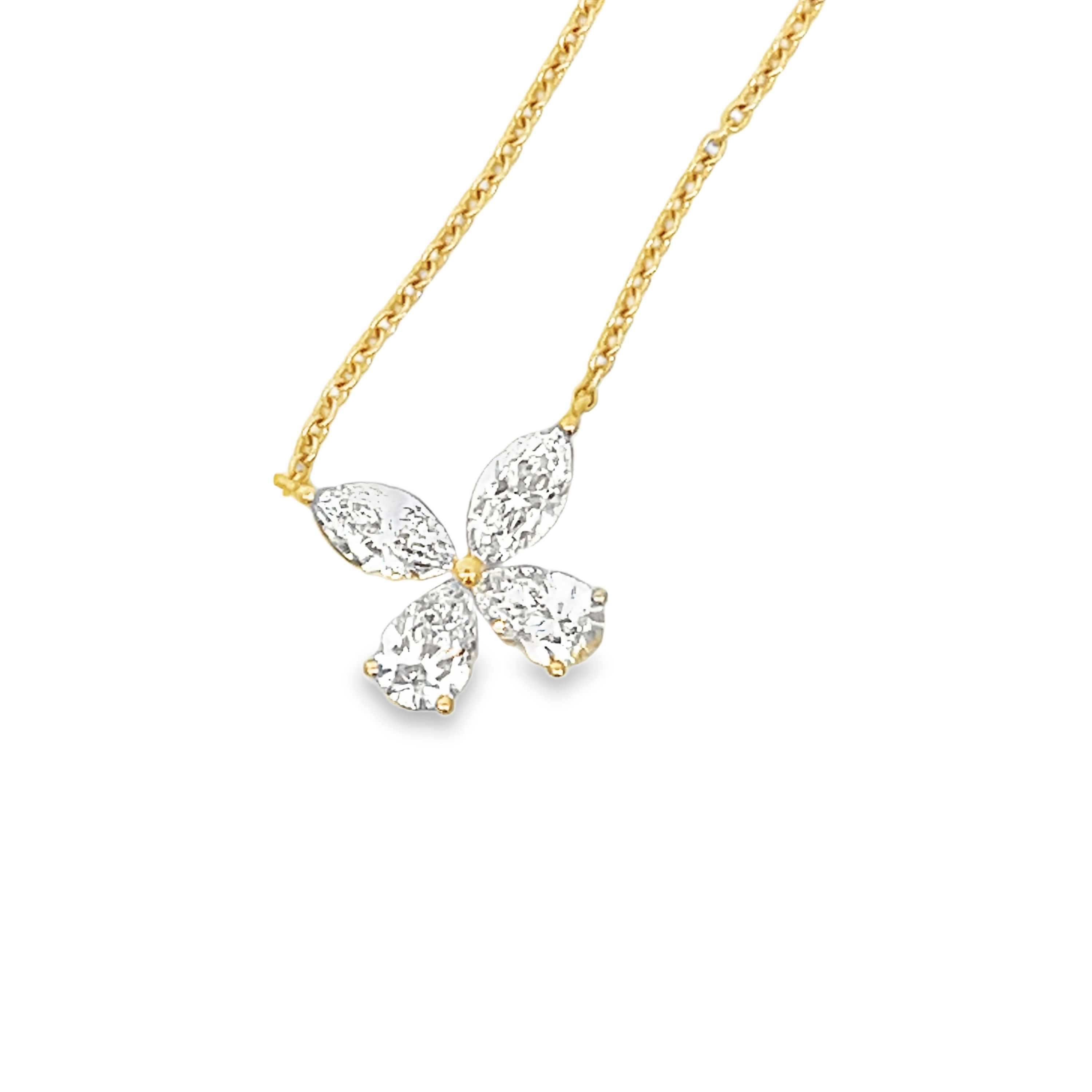 18K Yellow Gold Diamond Flower Necklace Pear & Marquise