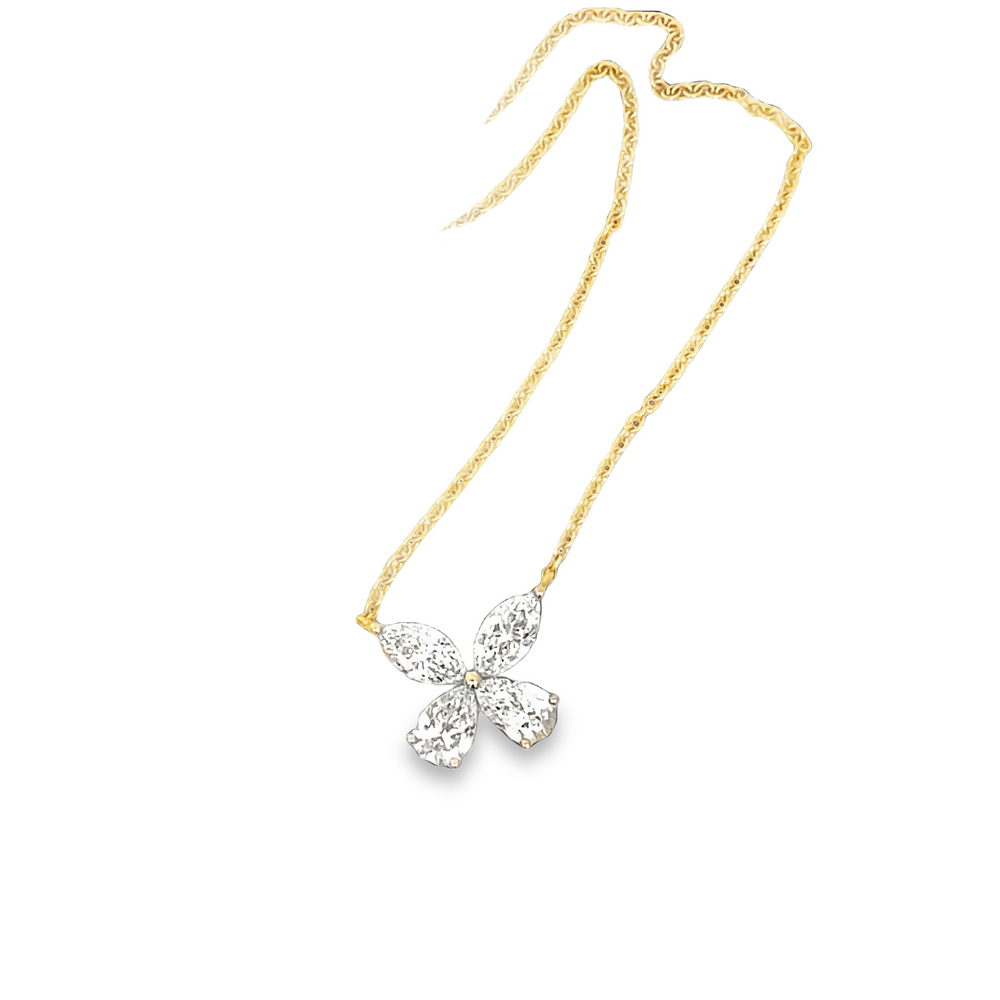 18K Yellow Gold Diamond Flower Necklace Pear & Marquise