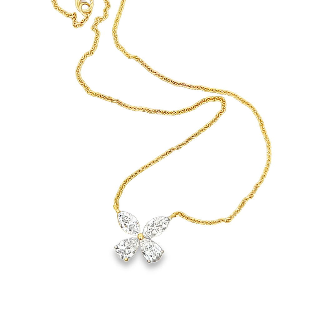 18K Yellow Gold Diamond Flower Necklace Pear & Marquise