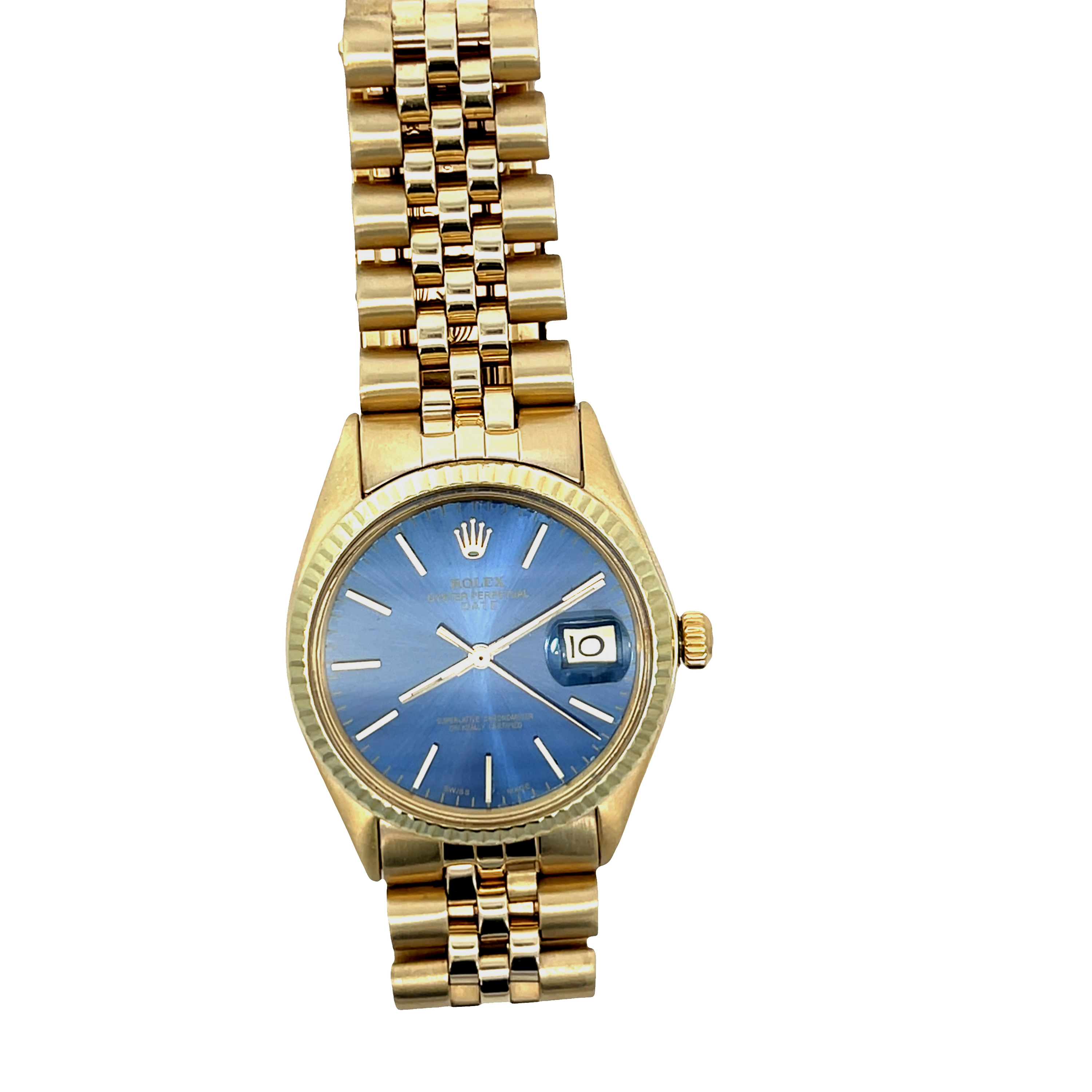 Pre-Owned Rolex Oyster Perpetual Date 34mm Yellow Gold Blue Dial